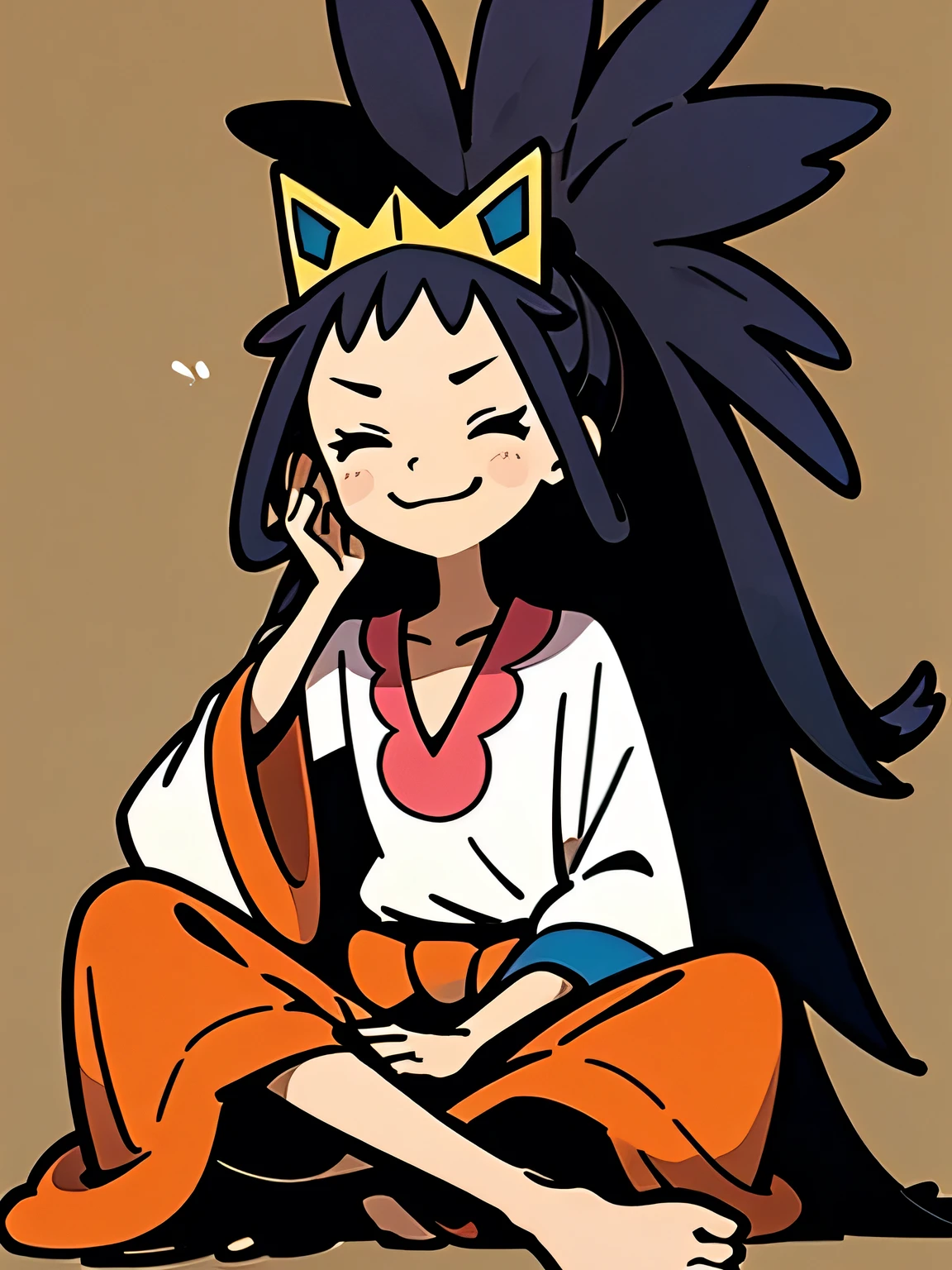 frontview,,cute face:1.3,  Iris, 1girl, solo,closed eyes smile, dress, tiara, wide sleeves, standing, very long hair, bow, low-tied long hair, waist bow, collarbone, shirt, closed mouth, smile, fullbody,(sitting indian style), white simple background,murakami takashi:1.3,kaleidoscope,outline,(illustration),