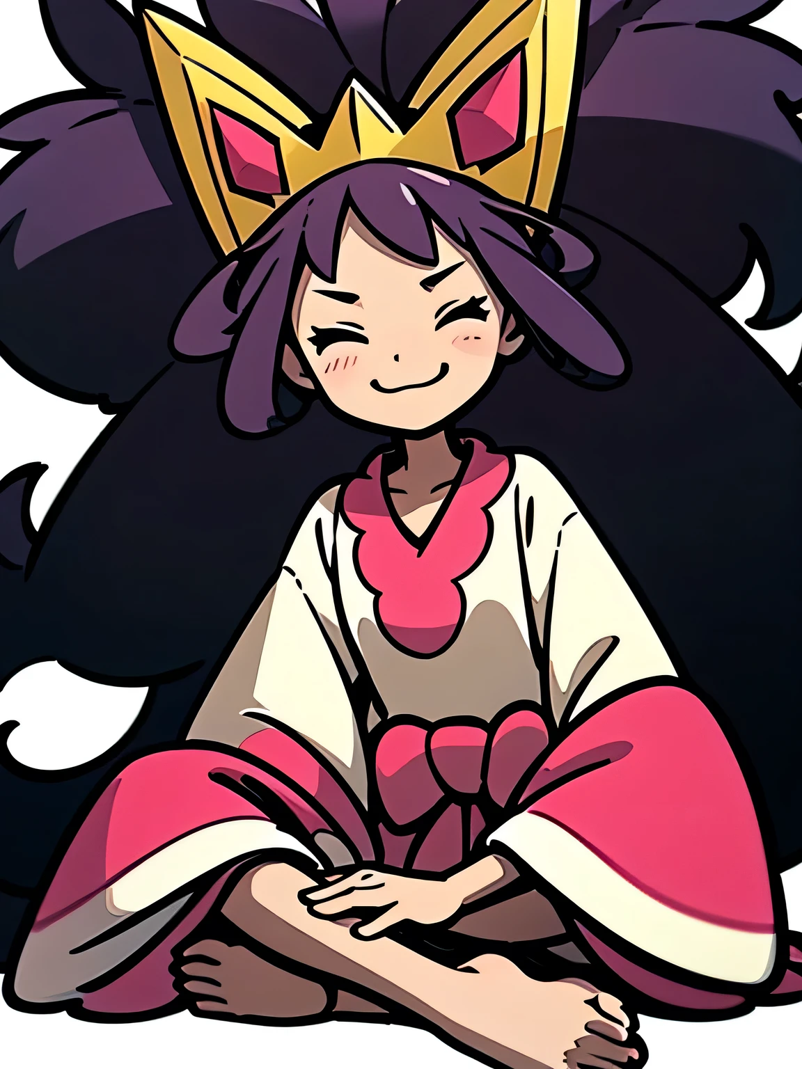 frontview,,cute face:1.3,  Iris, 1girl, solo,closed eyes smile, dress, tiara, wide sleeves, standing, very long hair, bow, low-tied long hair, waist bow, collarbone, shirt, closed mouth, smile, fullbody,(sitting indian style), white simple background,murakami takashi:1.3,kaleidoscope,outline,(illustration),