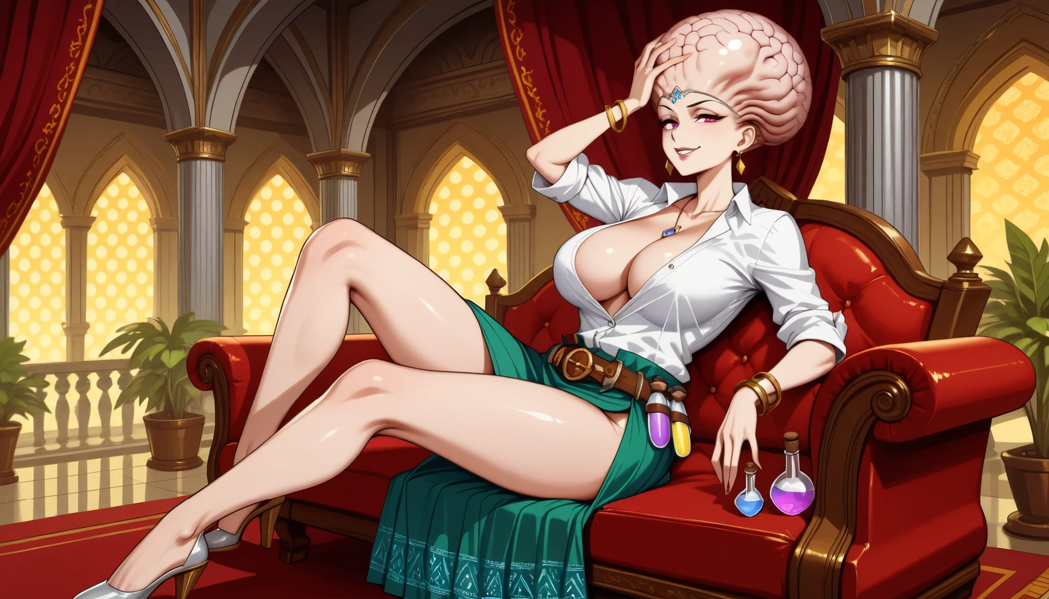 beautiful bald sorceress on a couch in the fantasy palace, ((bald)), ((big brain)), cranium, (silver circlet), sassy, evil smile, golden earrings, button down shirt with rolled sleeves, pendant, (cleavage), big breasts, (untucked shirt), bracelets, (patterns),ornate open front slit skirt, potion belt, grimoire on belt, high-heels, hand touching her head, big furnished hall, fantasy palace, tapestry, balcony, plants