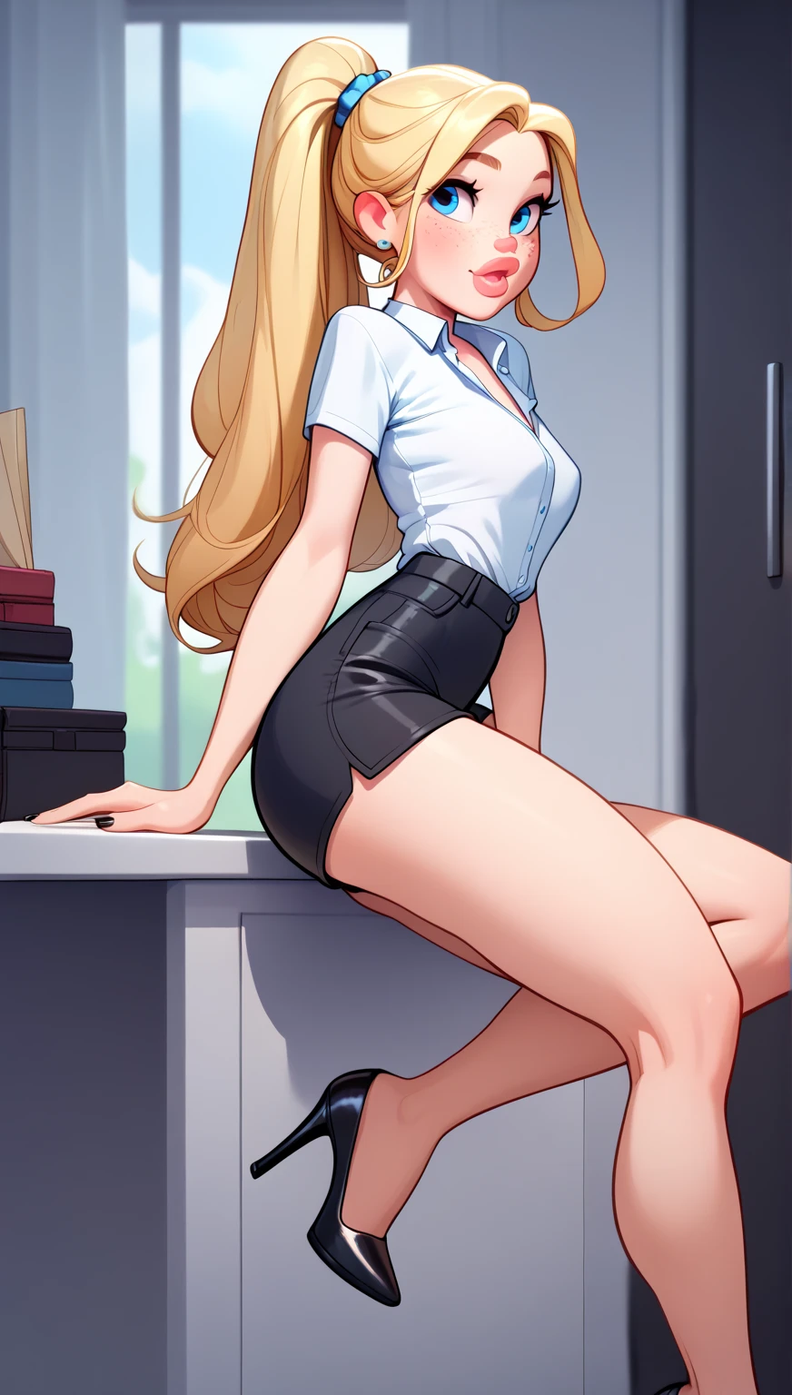 cute beautiful skinny blonde girl with big lips, freckles, with blue eyes, with long straight hair, dressed in office style, in black short shorts, in black high heels heels.