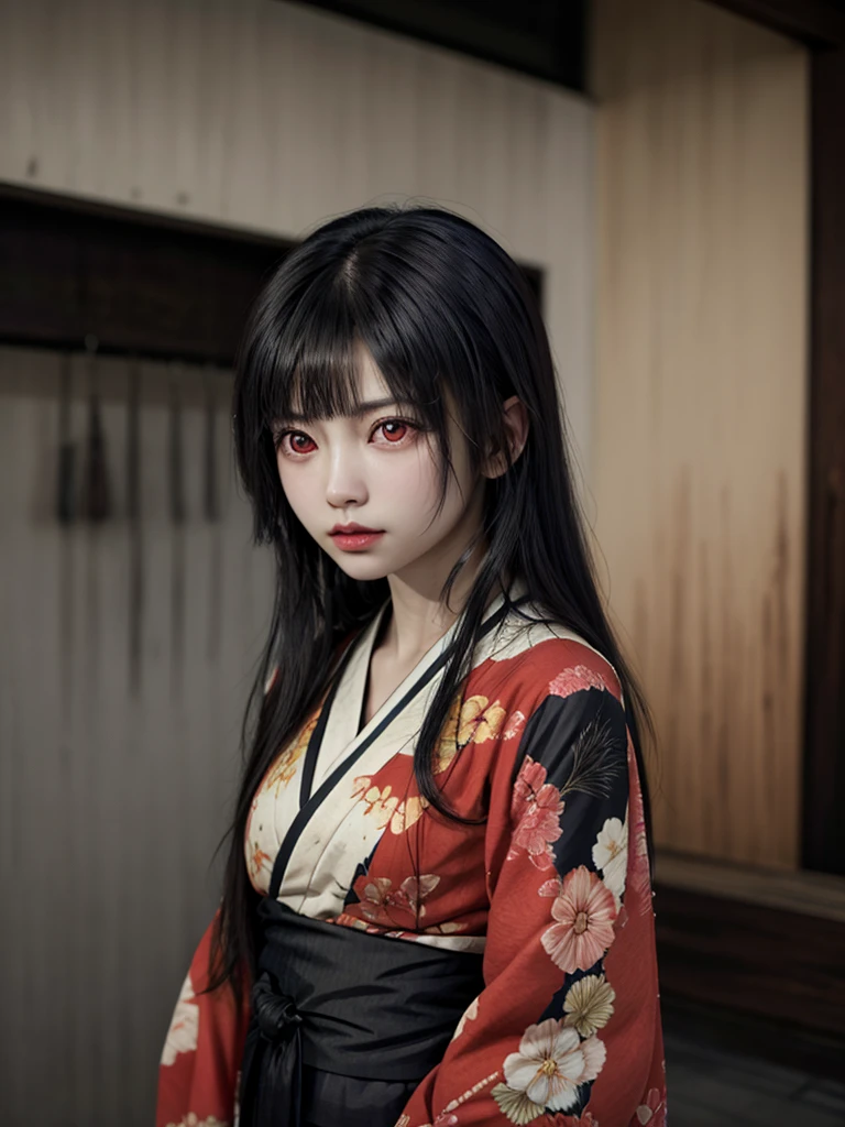Highest quality、Masterpiece、Highest detail、Japanese Yokai、A lone hell girl floating in the darkness、Bob-haired beautiful girl、Vermilion eyeliner、A simple thin kimono with a red ruffled chest、Glare、Feeling fear、Dense foggy black background、Multiple exposure dense fog demon