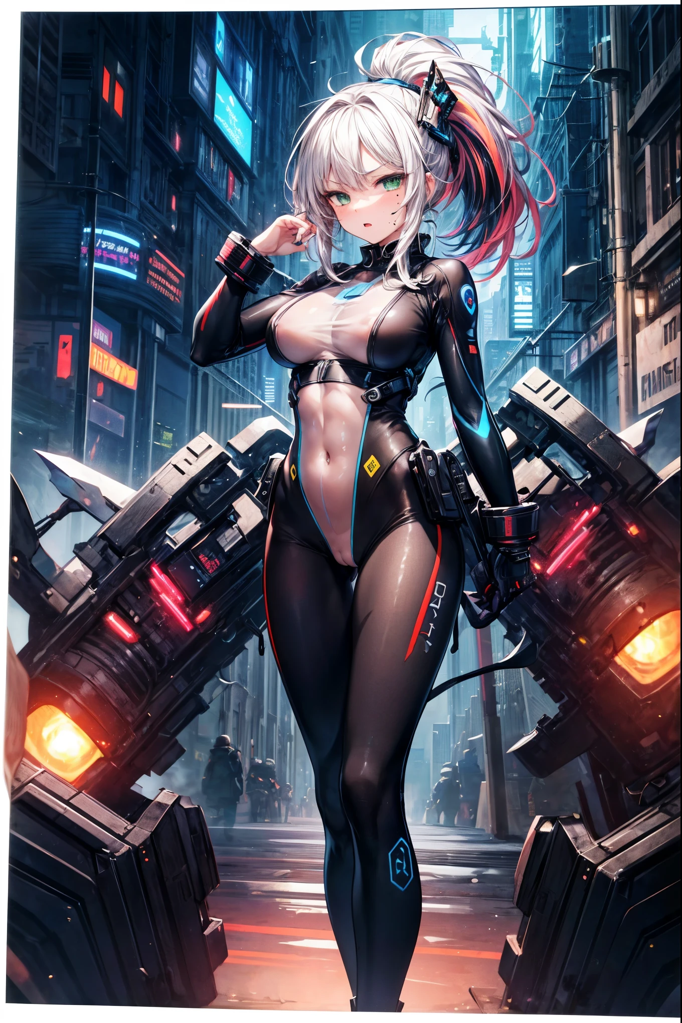 Highest quality,masterpiece,One Girl,Silver Hair,short hair,slim,smile,plump:1.3,Groin,Black ribbon hair band,Female ninja,Ninja,special forces,army,Covert,assassination,2 Japanese swords,Wires extending from a Japanese sword,A dynamic pose,Spread your legs,Looking up,Top-down compositionsmall breasts,low length,cyber punk,Near future,sf,City