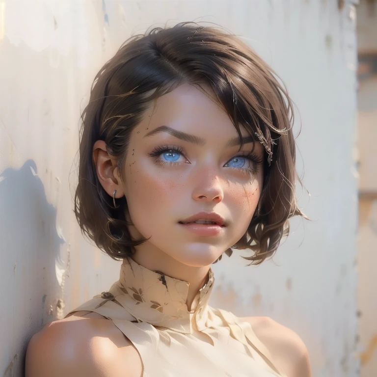a close up of a woman with a short haircut and blue eyes, hair at chin height , natural short hair, with short hair, femenino, short hair y liso, medium short hair, bob cut hair, brown short hair, linda young woman, soft portrait shot 8k , short brown hair, short hair, straight hairstyle, short hair - medium length