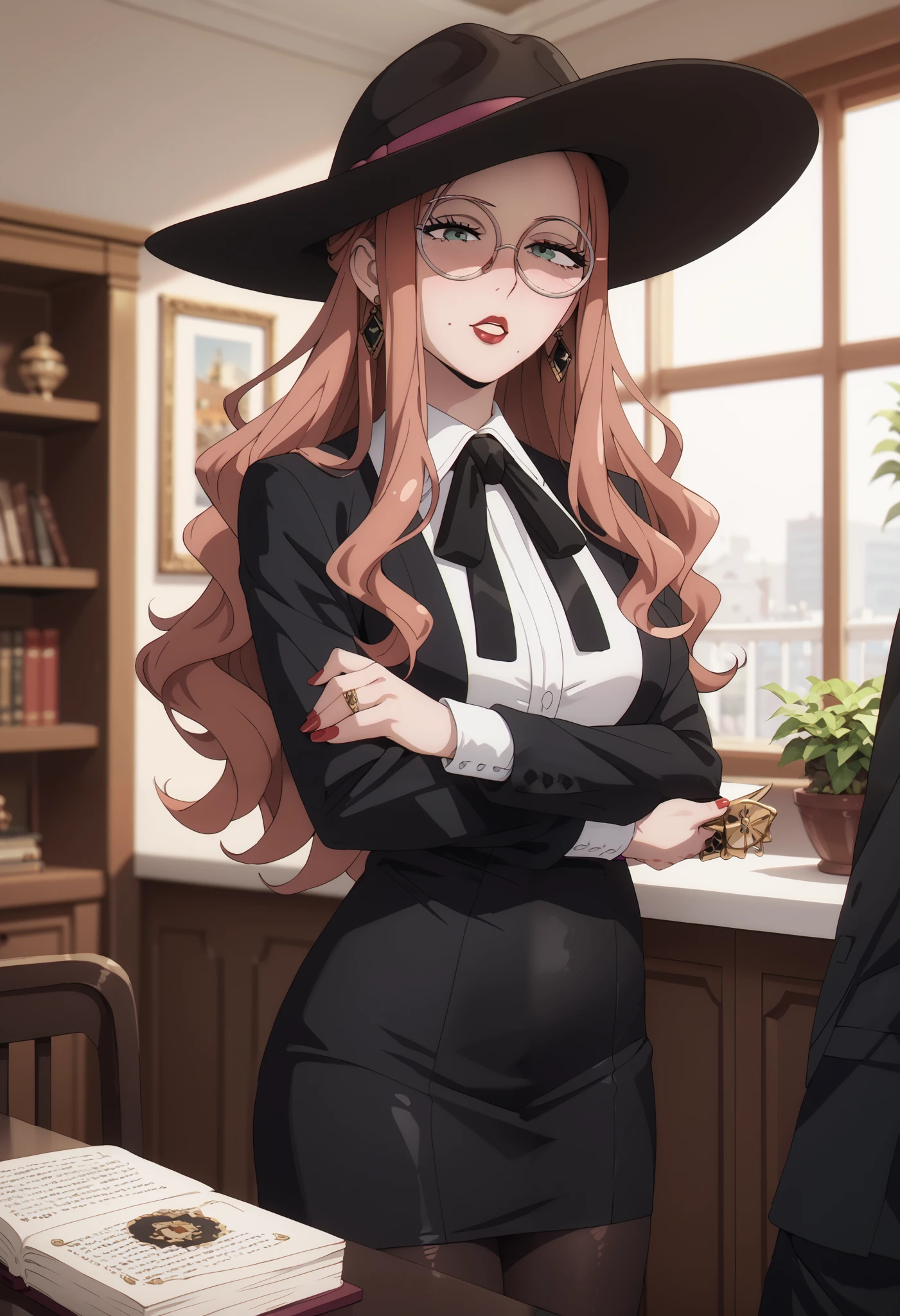 Spy Family, Sylvia Sherwood , Round Glasses, ( best quality , masterpiece, 8K quality,), Rating Explicit, One girl, heterosexual lover, high resolution, very aesthetic, sex, well-prepared face, beautiful body, orange hair, long hair,hat, black tights,Black clothing,room, standing, arm-crossed,1 human , red lips,