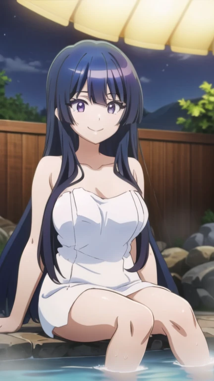 pov (from front), Masterpiece, Best quality, Ai Hoshino, 1 girl, alone, long hair, purple hair, purple eyes, pupils in the shape of a six-pointed star, bikini, black bra, black string thong, white shirt , wet shirt, open shirt, legs crossed, , sitting, sitting on the sand, beach, sea, long_hair, closed mouth, big tits, looking at her own tits, wide thighs, medium hips, bikini, Smile, makeup, embarrassed