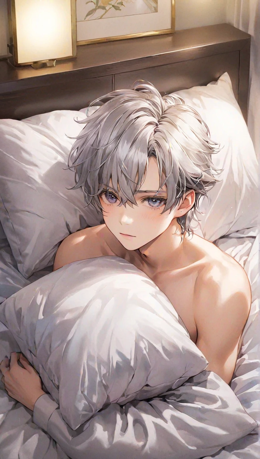 1 boy、Brown eyes、、Short Medium Hair, Best image quality、Eye highlights、Thin eyebrows、Silver Hair、whole body、Thighs、Beautiful legs、Hair splashed outside、Red cheeks、(Pose lying on bed、Lying on your back)、Beautiful Boy、Thin chest