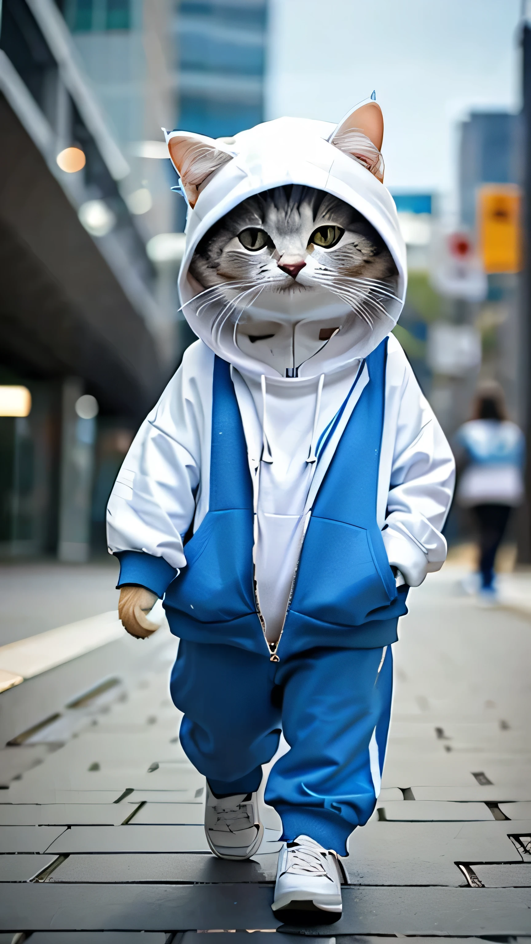 a cute little cat，Wearing a blue hooded casual suit，White sneakers，Bring headphones，Pleasant expression，Cute digital illustration art，tmasterpiece，best qualtiy， Abstractionism