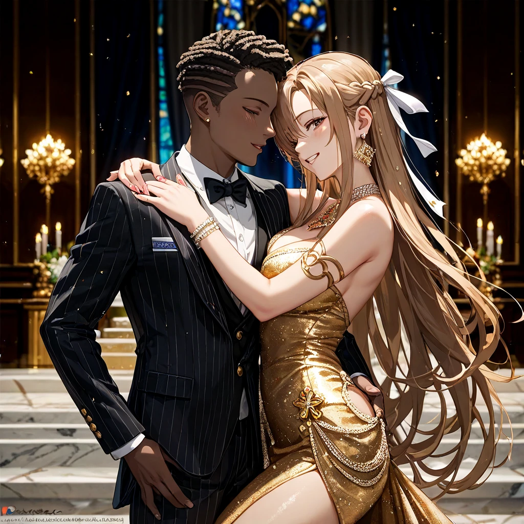 A luxurious ballroom adorned with sparkling lights, elegant decorations, and people dressed in glamorous attire, dancing the night away.