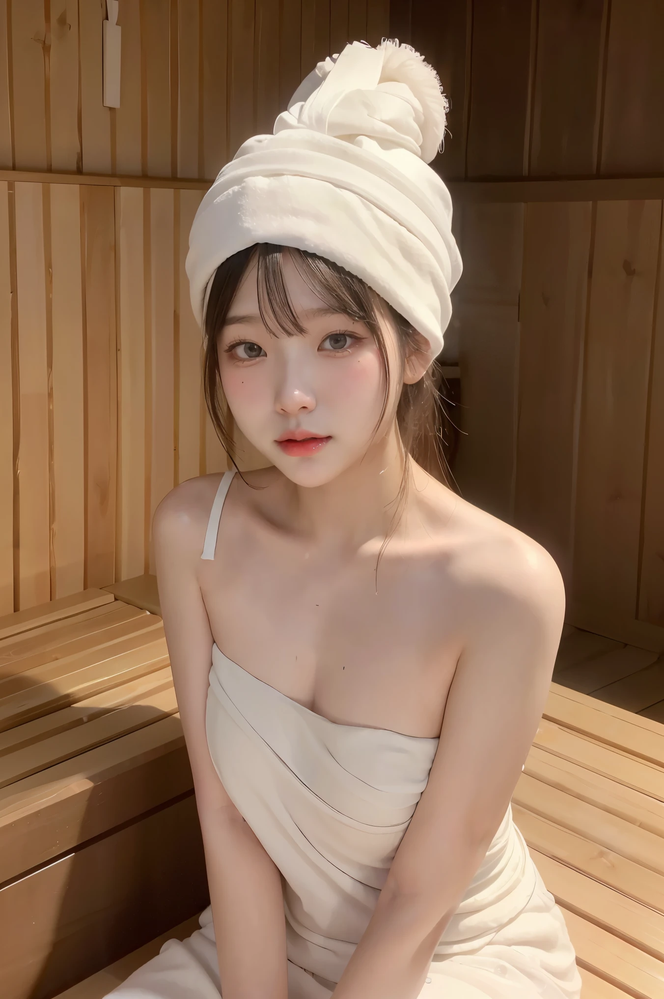 1Girl, Solo, (Masterpiece, Best Quality, 8K,,Photorealistic, real girl, mulberry:1.37), looking up at viewer, 1 dainty Japan, Slender body type: 1.1, Small breasts, Sitting, sauna, Double eyelids, Droopy Eyes, A dark-haired, (Sweaty face, Sweaty body: 1.2): 0.2, (White Oversized Towel Dress, strapless), (small in size, White Towel Turban: 1.1),, realistic body, makeups, Gloss slip, focus on face, smaller face, Sharp focus, Layered Cut, facing the viewer, The sauna has the following.., shot from the front