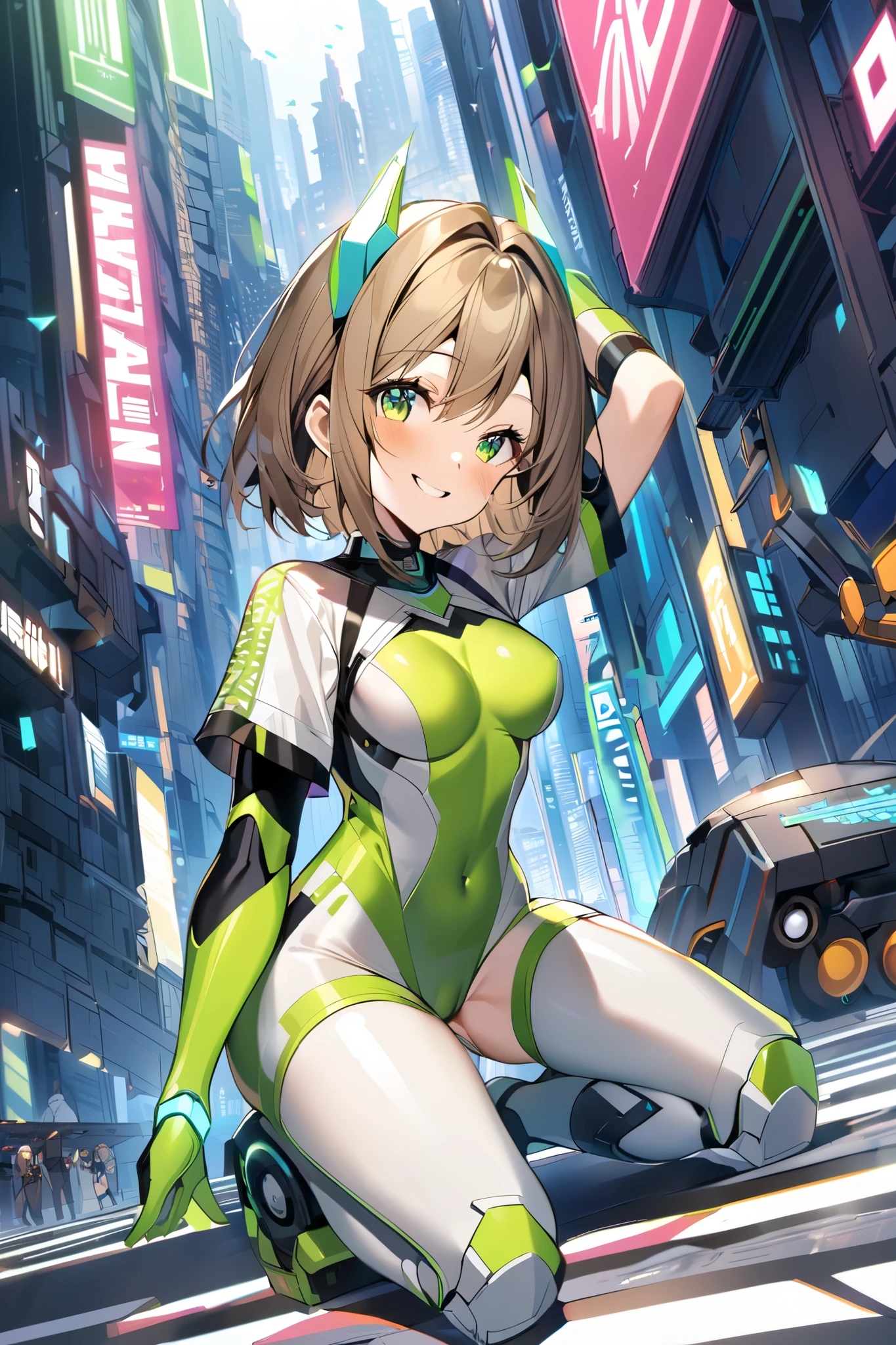 (Perfect body),Best Quality,16 K、NSFW、(((((Lori)))))、((((Short stature))))、blush、(V-shaped eyebrows)、:D、embarrassed from、((((Short hair))))、(hair messy)、waved hair、Ahoge、(Yellow eyes),((A pink-haired))、Yellow goggles on the head、yellow lean hair clip、((white leotard))、(White knee socks)、(Pink gloves)、Yellow jacket、((bulging nipple))、(((thick thighs)))、spreading legs、Armpits、Electronic space、