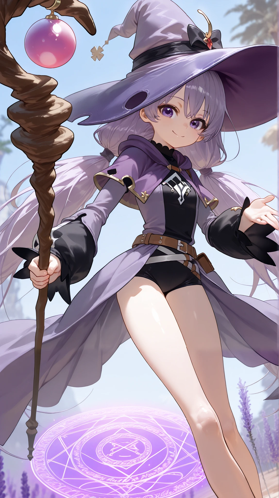 Gehalt, anthro, Allein, weiblich, tall slim body, wears a purple wizard hat, spiky purple cat ears with white tips, lila Augen, purple crop top with collar and long sleeves, black flowing skirt, bare legs, turquoise furry body, white feet paws, schwarze Katzennase, cute cat snout, turquoise hair, Stehen, Grastal, detailed background, hoher Kragen, Jitome, ausdruckslos, von fumiko, von hyattlen, by hioshiru, detailed, High resolution