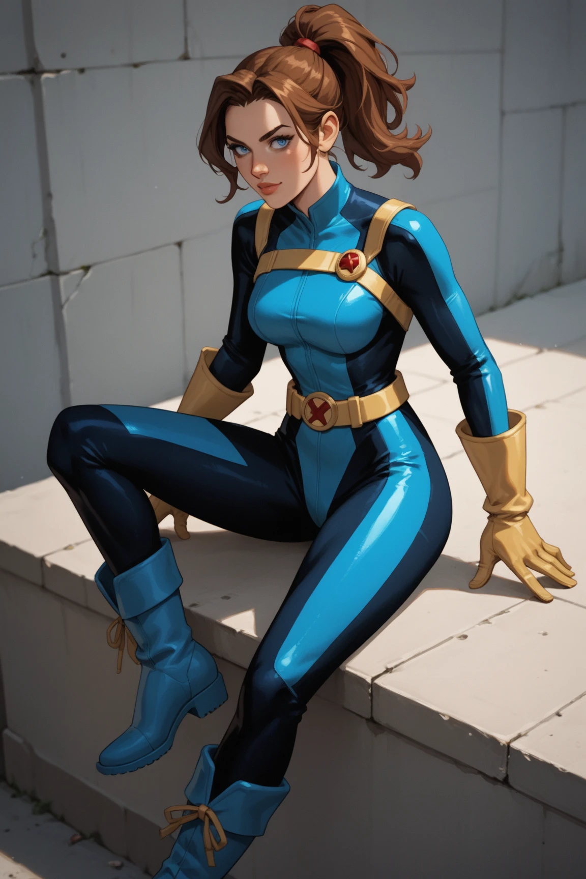 Joanna Dark,solamente,pelo corto,ojos azules,Pelo rojo, leaning forward,  sonrojarse
Chaqueta corta azul, bodysuit,Guantes,Guantes sin dedos,escote sin cremallera, 
En pie, Parte superior del cuerpo, They are smiling,  dientes, cerrar, 
Crucero, Noche, Estrellas, 
(Stunningly Detailed, Hermosa cara detallada, hermosos ojos detallados, Obra maestra, La mejor calidad)