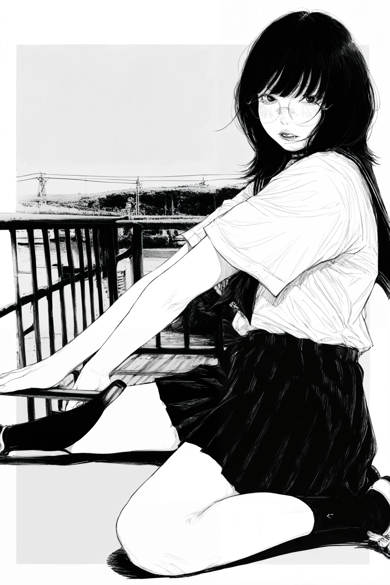 score_9, score_8_up, score_7_up, score_6_up, score_5_up, score_4_up,  
BREAK
(masterpiece: 1.0), best quality, perfect anatomy, perfect composition, perfection, UHD, 8k, 
BREAK
monochrome, greyscale, masterpiece, best quality, amazing quality, very aesthetic, high resolution, high detail, Smooth, sharp lines, kdmstyle
BREAK
{best quality},{highly detailed},{ultra-detailed},masterpiece,1girl, solo, masterpiece, best quality, amazing quality, absurdres, newest, 1girl, solo, medium hair, bangs, round eyewear, blush, 
school uniform, serafuku, white shirt, black skirt, black socks, 
sky, against railing, sitting, on floor, parted lips, looking at viewer,
from side, outside border,
masterpiece, best quality, amazing quality, absurdres, newest, monochrome, greyscale, realistic, 
