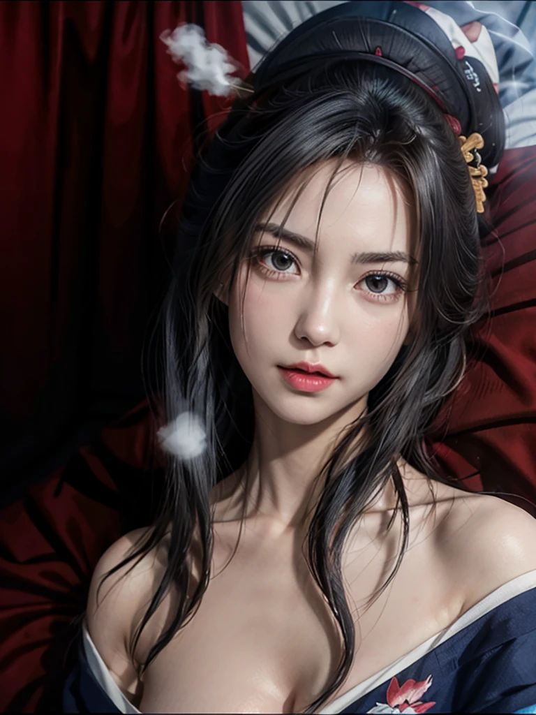 1 beautiful devil woman from hell, In the Dark: 1.6), surreal female portrait by David Hockney and Alphonse Mucha, realistic art, Chinese super cute doll, cute little face,photorealism, dynamic lighting, artstation, volumetric lighting, very detailed faces, round chin, 8k ultra, Awarded, in the dark, deep shadow, low key, cowboy lens, (Red phoenix dress: 1.4), long hair, black hair, bust, luxurious palace, Royal style, devil crown, red eyes make up very sharp and detailed, The most beautiful face, The  are very big and round and round, Super realistic, chinese women's clothing, polo neck sweater, Charming smile, The eyes are very well made up, eye bags under wet makeup, guweiz, devil style, wearing black mesh socks, Ponytail with a bow tied at the back of the hair, red lipstick, wearing a thin red and black robe, Hands pull the straps to reveal  , the landscape is overcast and thunderous, (upper body portrait), Close-up of the main character, (Background details 1.8),HDR, UHD, 8kquality, detailed pixel,