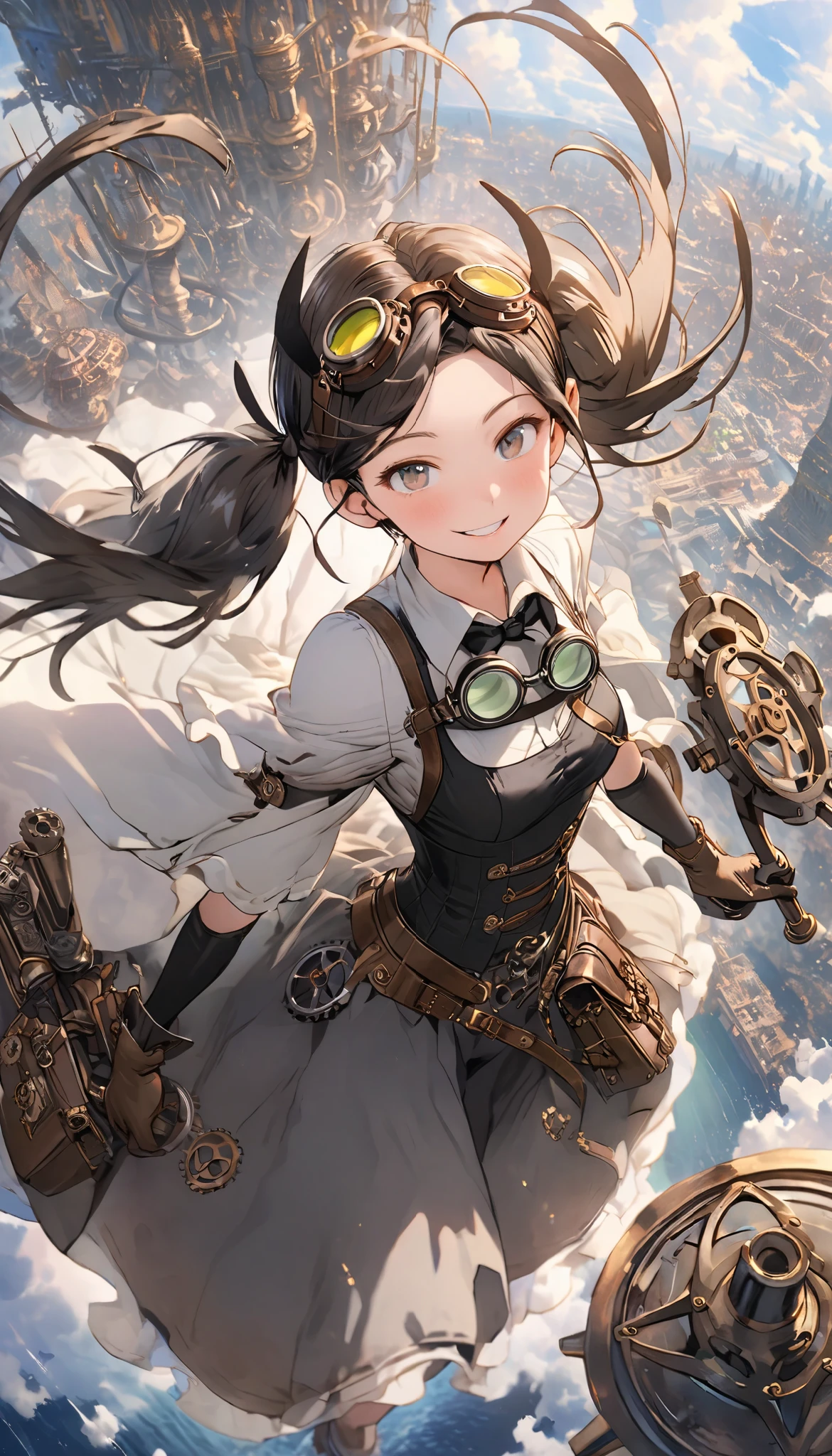 Japanese cel-animation style touch and character design,
An overhead view from an angle,
Small breasts, thin shoulders, small hips, slender buttocks,
Steampunk fantasy, action movie scenes
Boyish girl, gray twin-tails, naughty smile
Casual clothes, gray down coat with stitching, leather holster, vintage pilot goggles around neck, gloves, worn boots
Pose riding flying machine, dynamic middle action, holding steering wheel, blowing in wind
Single-seat flight machine, steampunk design, pistons, gears, steam exhaust, glowing magic blue flame, tool bag included
Sky with sea of clouds, floating city with layers of towers and bridges, large airship (various designs: sphere, sailboat style, etc.), sunlight shining through clouds
Bronze, brown, and smoky gray tones, a sense of speed and adventure, dynamic steam and wind effects
Mechanical gears in the sky, mysterious clockwork objects