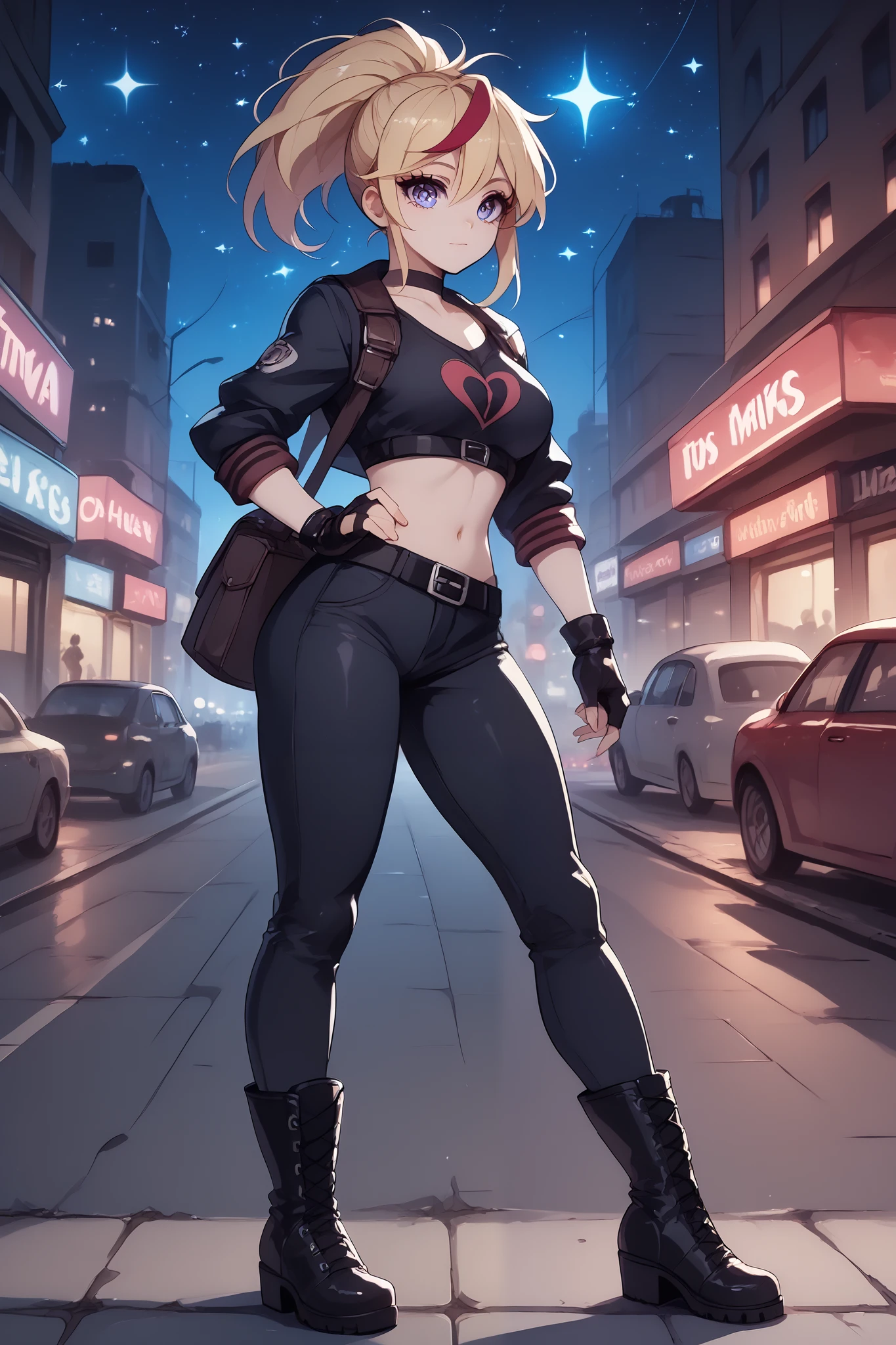 Lady, young woman, girl, long side bangs, long flowing ponytail, blonde with red highlights on hair, red stripes on hair, wasteland outfit, thick eyelashes, ultra detailed face, idol, black pants, black 'n white t shirt, streets adornments, black boots, fingerless gloves, futuristic adornments, lovely, city streets, night, starry night, cute walk