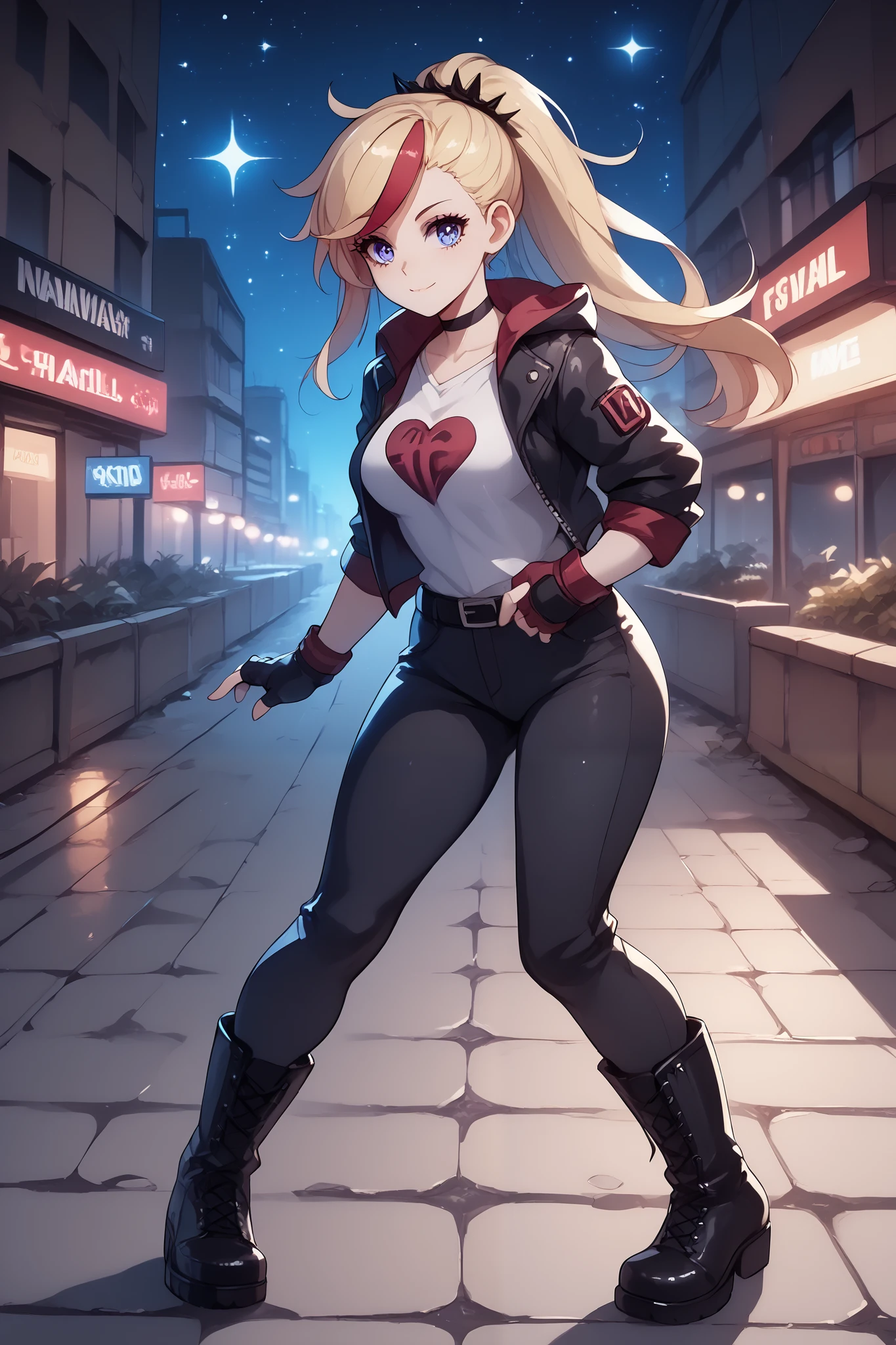Lady, young woman, girl, long side bangs, long flowing ponytail, blonde with red highlights on hair, red stripes on hair, wasteland outfit, thick eyelashes, ultra detailed face, idol, black pants, black 'n white t shirt, streets adornments, black boots, fingerless gloves, futuristic adornments, lovely, city streets, night, starry night, cute walk