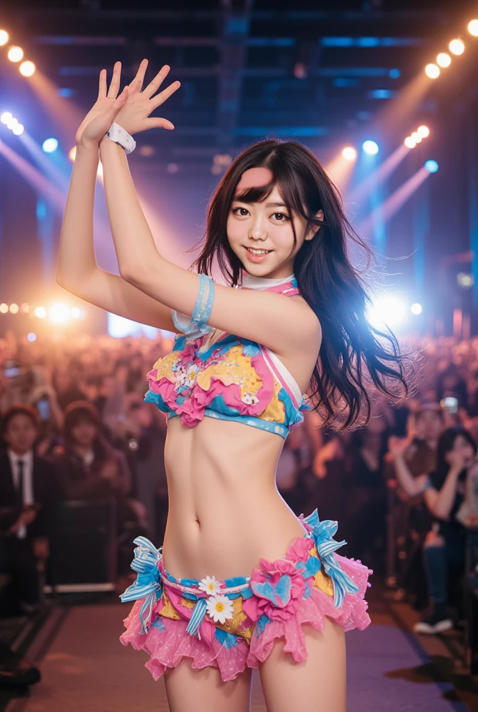 (in 8K、top-quality、超A high resolution、masterpiece:1.2)、(Photorealsitic:1.4)、(detailed skins:1.3)、18 year old beautiful Japan girl dancing sexy dance、(Detail Eye) 、1人、(Outdoor Rave Festival at Night)、(Background of many fireworks)、(The bikini)、(Sweaty skin:1.25)、long hair of bright colors、a smile、LED Screen Monitor、stage lighrt、Lit up、Stage lighting、laser beam、festival、Lens flare and high resolution texture GPT-3.5、Elaborate CG、cowboy shot、dynamic ungle、beautiful lighting、lighting like a movie、prisma、kirakira、(foco nítido)