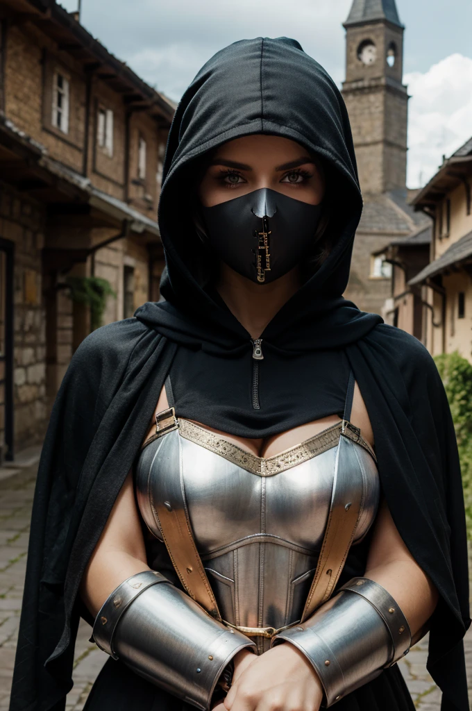 (masterpiece, top quality, best quality, official art, beautiful and aesthetic:1.2), (1girl:1.3), ((huge long brown braid)), (((black bodysuit, painted on, fully covered, black leather))), extremely detailed, portrait, looking at viewer, solo, (full body:0.6), detailed background, close up, (cold night mountain theme:1.1), Callidus Assassin, black facemask, red lenses, hidden face, charlatan, mysterious, sneaking through gothic city, black body paint, skintight bodysuit, shoulder harness, belt, long boots, dual knives, black leather, ((((gigantic breasts)))), slim waist, slim hips, long legs, gothic (cathedral city exterior:1.1) background, dark mysterious lighting, shadows, magical atmosphere, dutch angle
