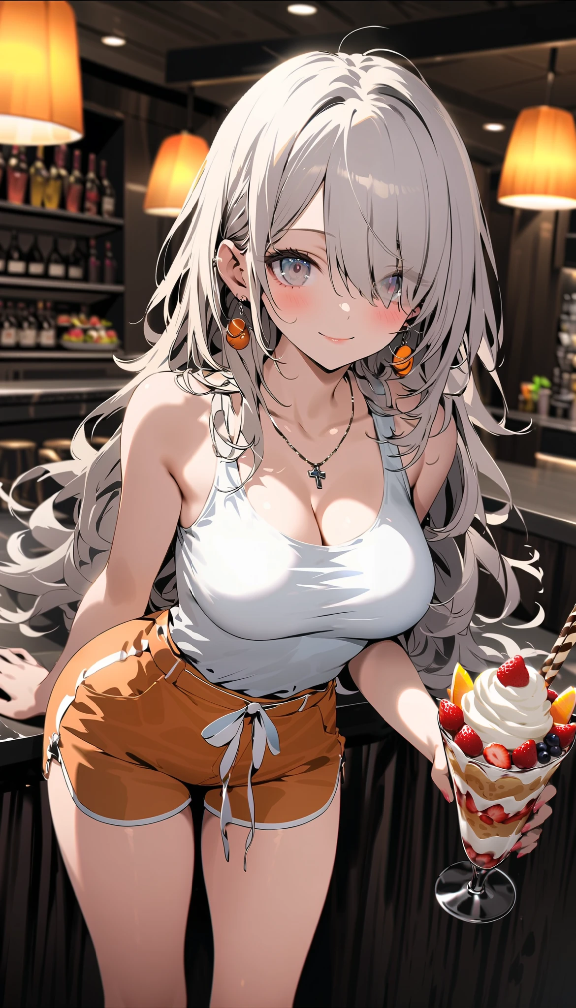 masterpiece, Best Quality, high resolution, Girl with cat ears, horse tail, pink eyes, hair between the eyes, hits, silver hair, clavicle, halter neck, old, very long hair, little, School swimsuit