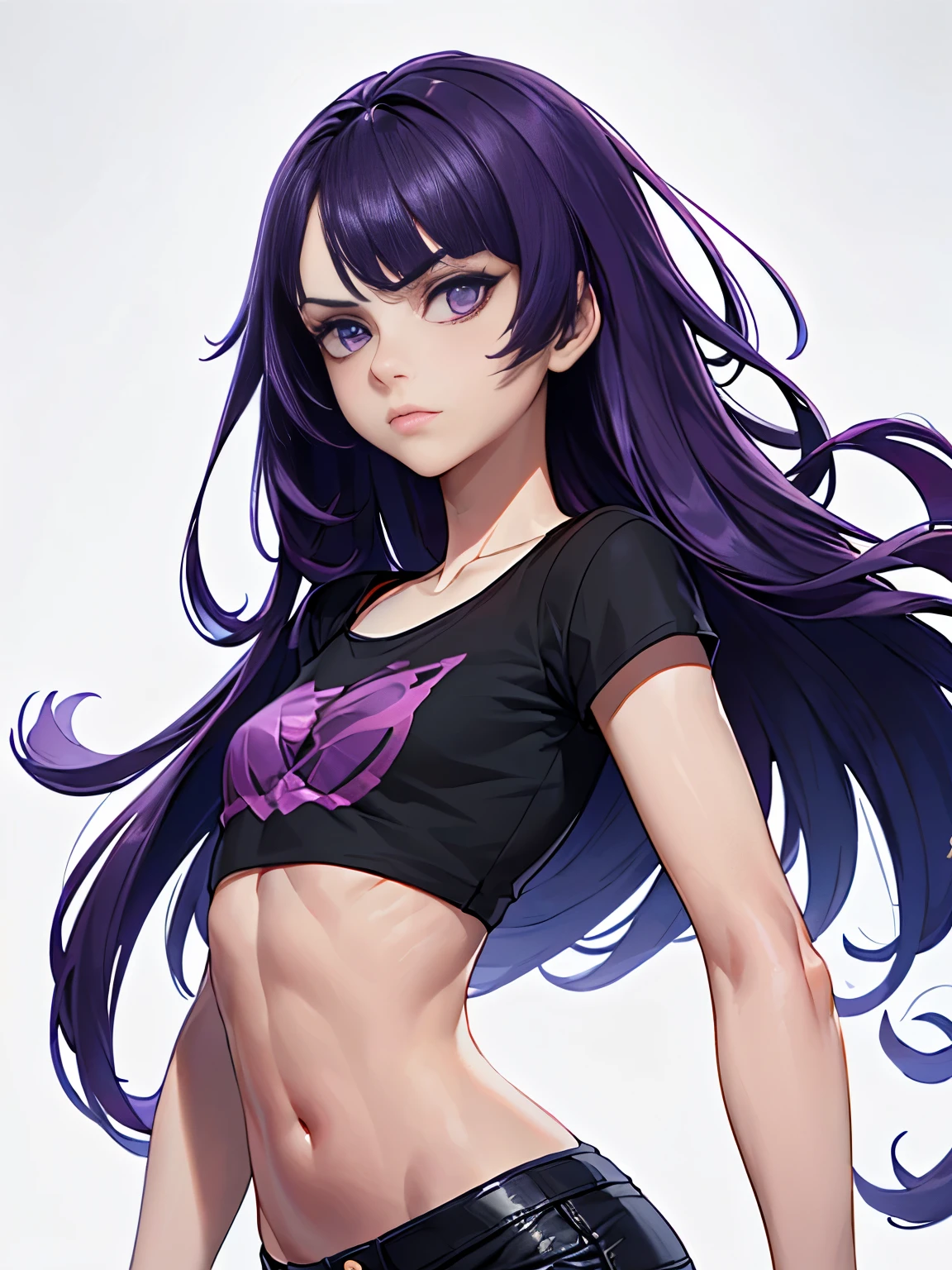 ((White background )) in style of Harry Clarke,in style of David Sims, 1girl, , long hair,(Black crop top t-shirt:1.5), (Black leather shorts) (8K, top-quality, masterpiece:1.2), (reallistic, Photorealsitic:1.37), Super Detail, One girl,) (Highly detailed), (beautifully detailed purple eyes), (of the highest quality), (masterpiece), (Punk style Detailed face ),23yr old, 1 girl, ((Long hair with purple bangs)), Perfect Lighting,,((small breasts)) ,weak , unhealthy , (((very thin:1.4))) (Flat chest:1.4) gaunt