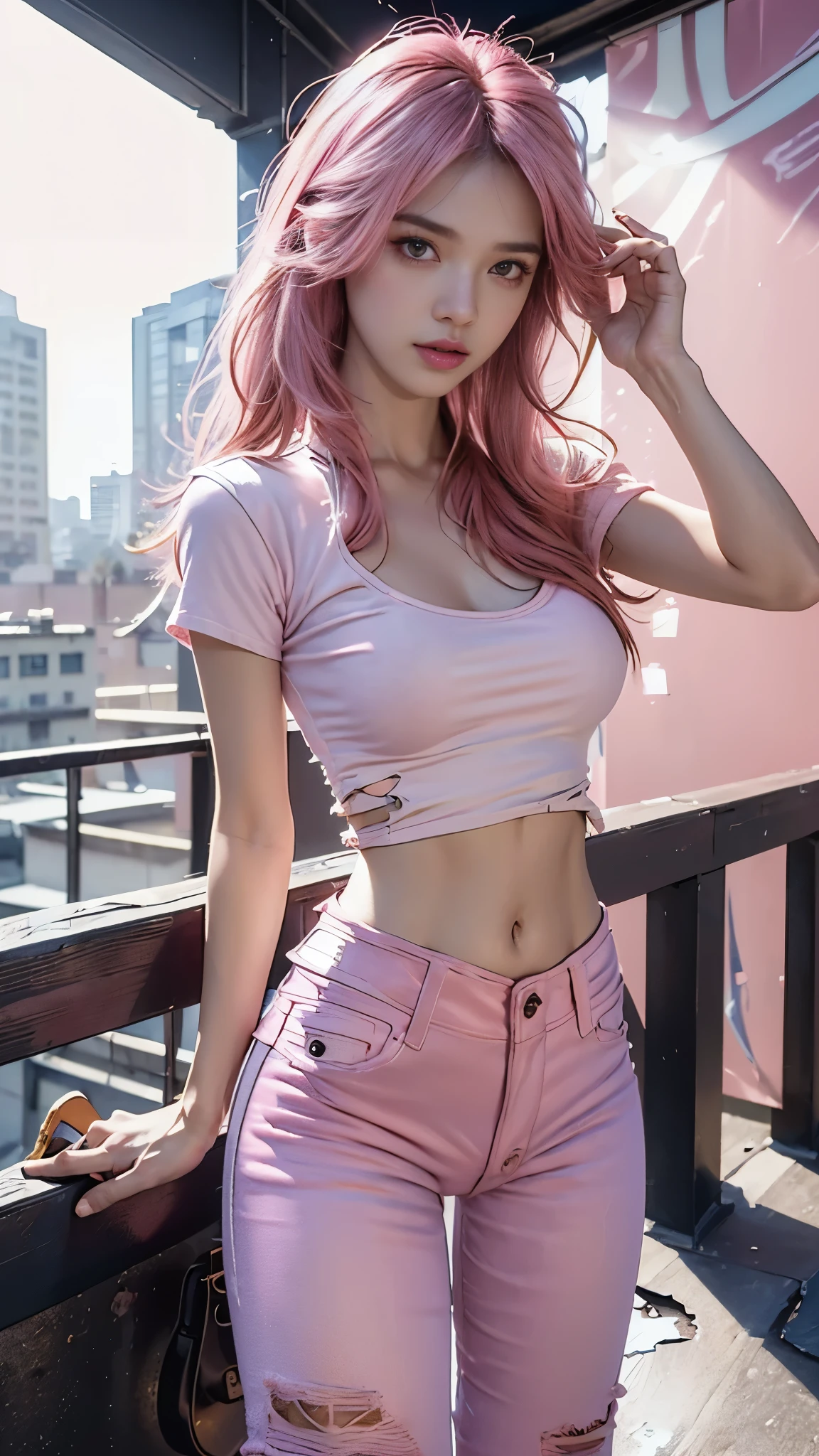 Realistic, high resolution, 1 girl, pink hair, Korean, blue eyes, white shirt, tight black shorts, chunky thighs