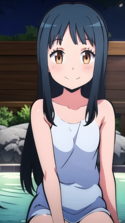Kyoto animation, female, long hair, black hair, dark blue eye, cute face, thick eyebrows, big breast, sexy butt, slim body, sexy thigs, closed blue swimsuit, beach, brave smile, 90s style photo