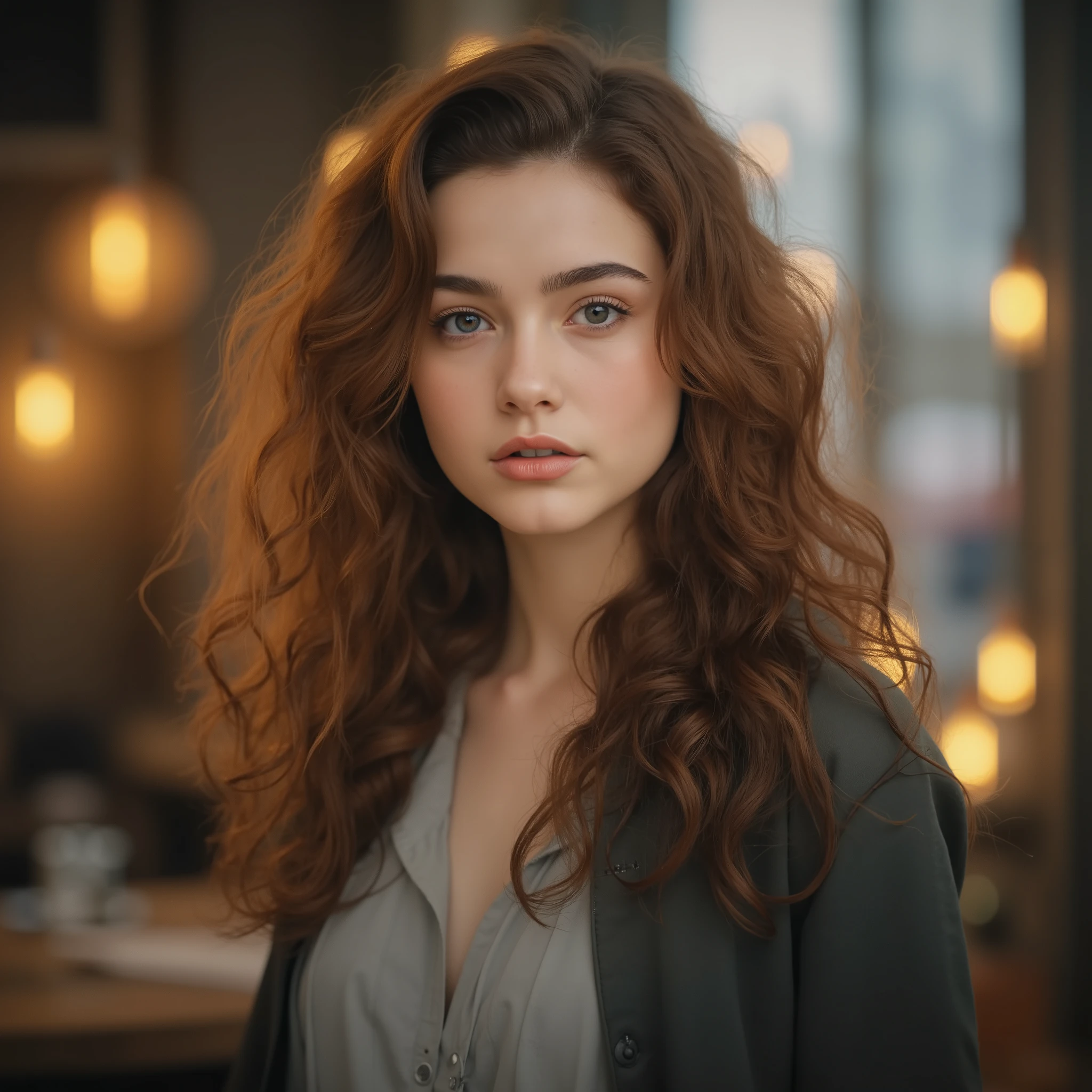 a young woman with dard red hair, wearing loose shirt, 20 years old, realistic portrait, attractive girl, european girlfriend, russian girlfriend, cute face, waivy hair, detailed facial features, beautiful eyes, anastasia cebulska, dasha taran, Angelina Danilova, high quality, photorealistic, cinematic lighting, 8k, detailed skin, intricate hairstyle, warm color tones, portrait, 90's