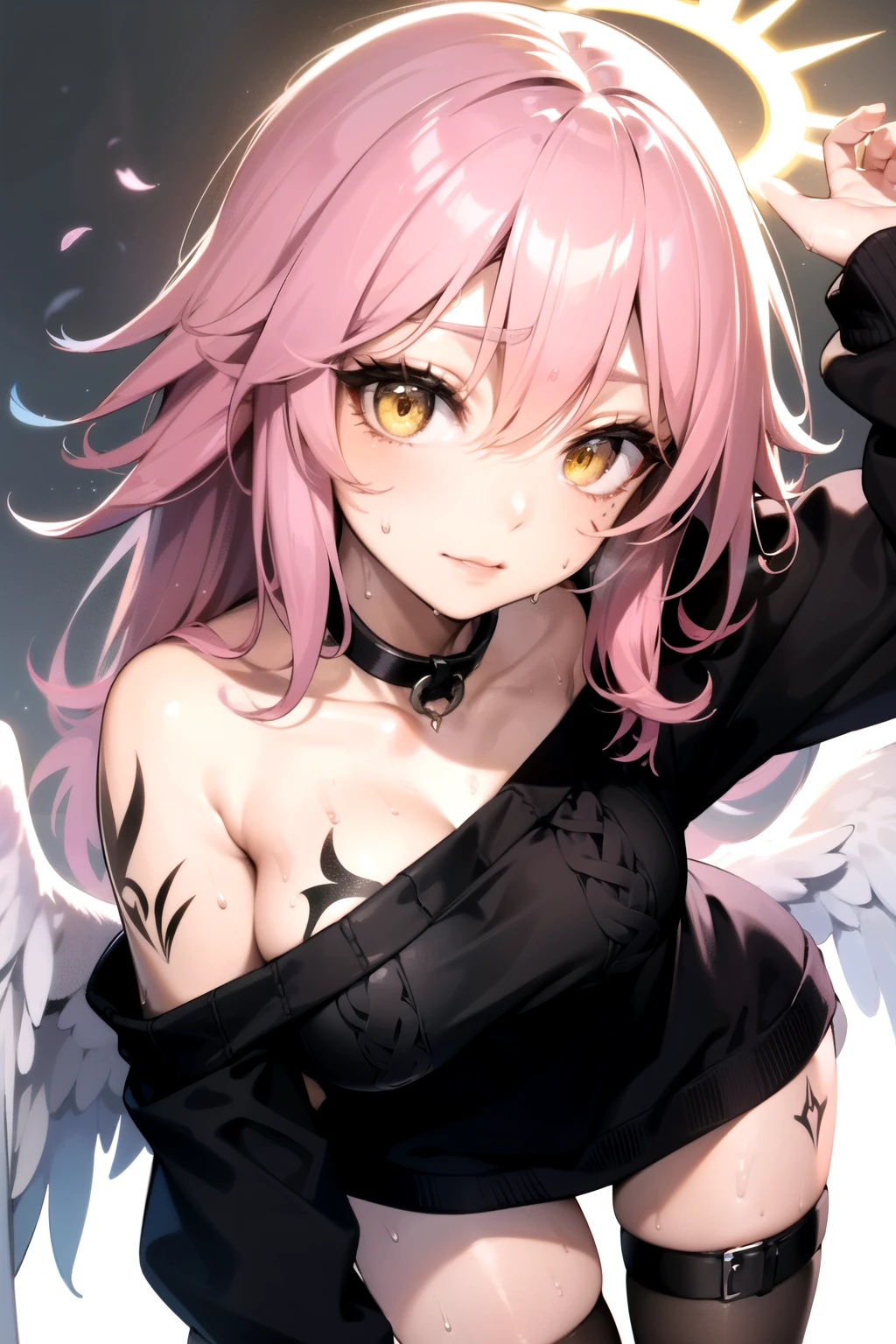 jibril, BREAK jibril, angel, angel wings, collar, animal ears, bird ears, compass rose halo, feathered wings, feathers, gradient hair, halo, long hair, low wings, multicolored hair, pink hair, symbol-shaped pupils, big breast, white wings, wing ears, wings, (yellow eyes:1.5), seductive look, seductive smile, Shiny skin, clothing. Big breast. Sexy, hot, attractive, alluring. 
BREAK black thighhighs, (off shoulder, Black sweater:1.3), long sleeves , hot. Thigh tattoo, breast tattoos, (sweat:1.4). (Black tattoos:1.6). Cap.
BREAK (masterpiece:1.2), best quality, high resolution, unity 8k wallpaper, (illustration:0.8), (beautiful detailed eyes:1.6), extremely detailed face, perfect lighting, extremely detailed CG, (perfect hands, perfect anatomy), narrow eyes.