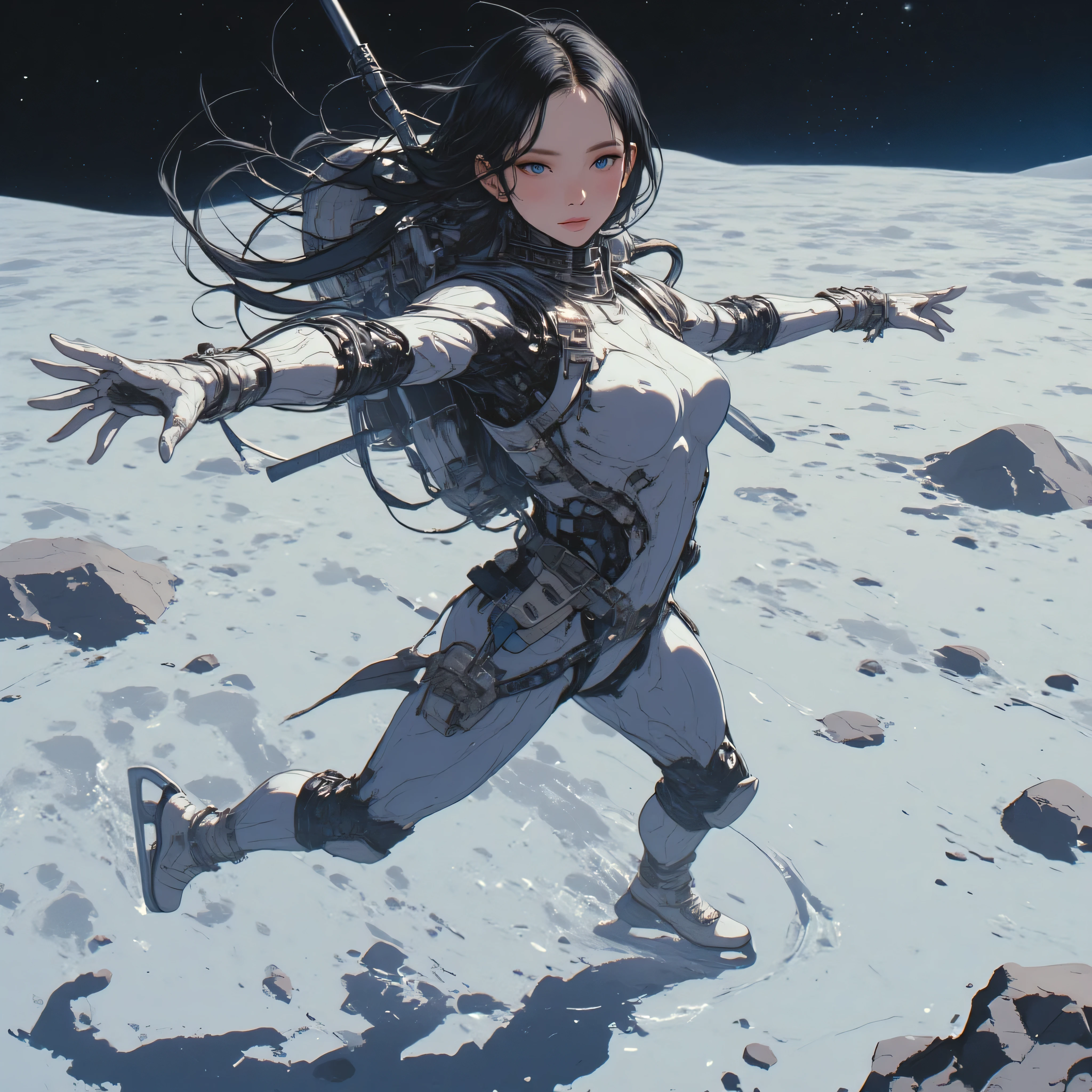 Une splendide jeune fille en tenue de cosmonaute  fait du patin a glace sur la surface de la lune 
BREAK/She interprets a figure figure known as the Biellmann BREAK pirouette/ quality,lighting,fast shutter speed,very realistic hands,anatomically accurate representation,Unique,8k,implies absurd,Ultra Realistic,( highly detailed ),(Cute look like a professional ),(vivid colors),(portrait),(soft lighting),(high resolution)