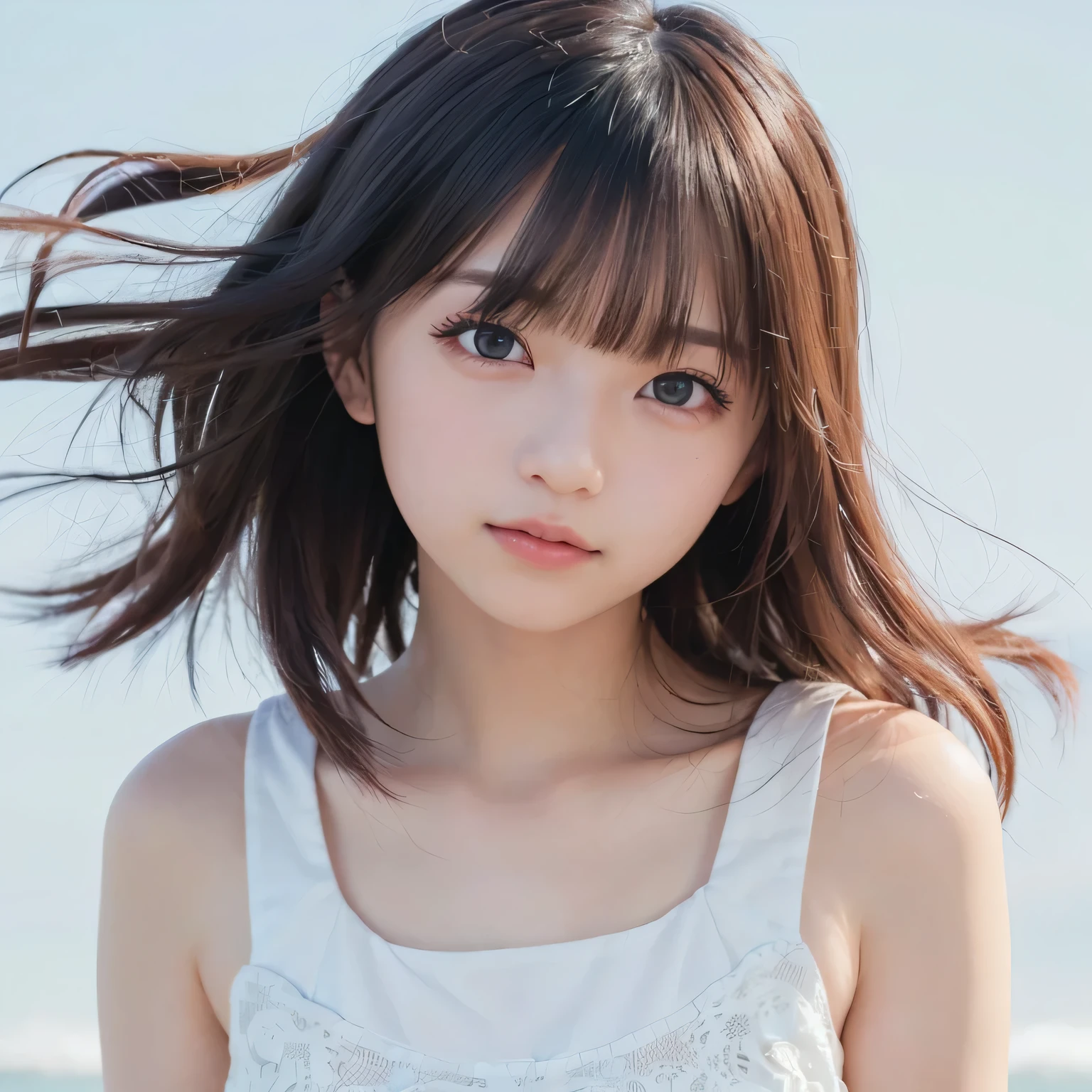 ((Live 2D)) Masterpiece, one girl , 、 full body gentle face 、 Gentle Smile ,((( heavy makeup))),((( long lashes))),(((Thick mascara))) ,(((Round face))),((( round eyes))),((( big eyes))), standing straight , , cute japanese high school uniform, viewers, detailed face , girl with green 、(((Straight hair down to the shoulders))), ((( princess cut))), , gradation hair , multi-colored hair , small smile , , Gradient Eyes , dark brown eyes , ( simple background, white background : 1.3)、((( upper body photo))),((( small smile )))、((( face swells))),(((Round face))),((( the wind is blowing ))),((( face close-up )))