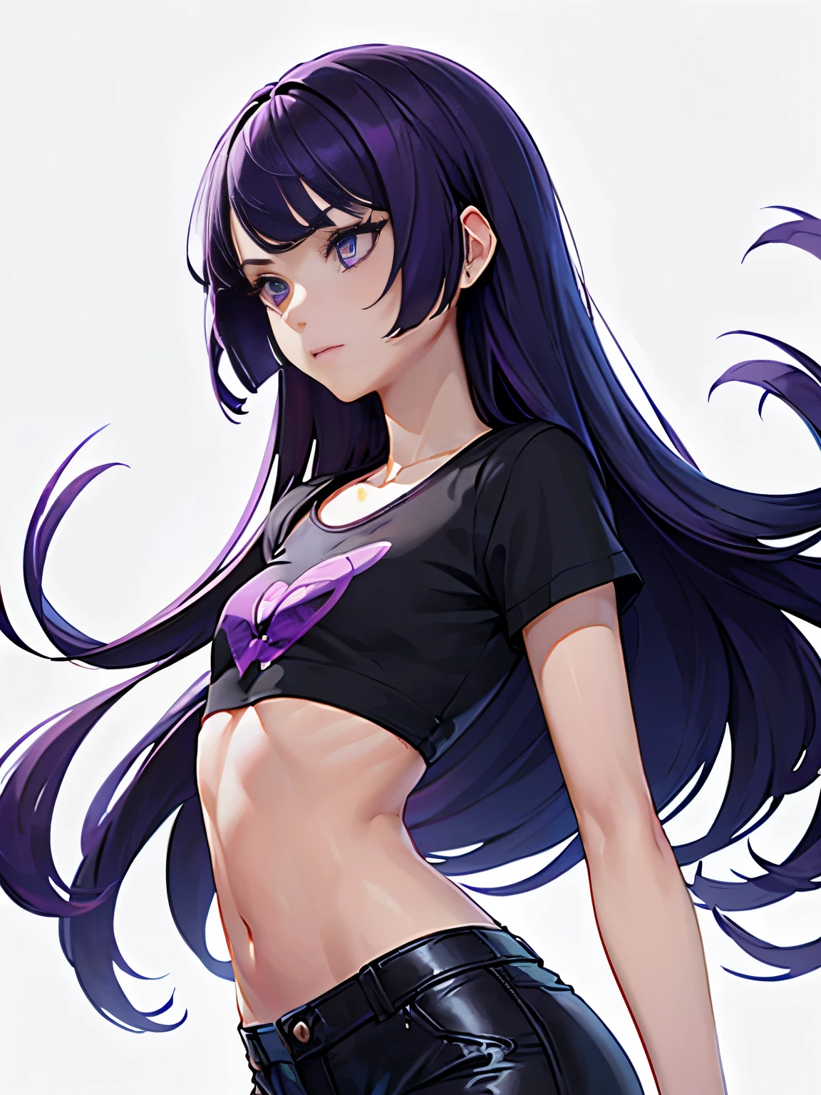 ((White background )) in style of Harry Clarke,in style of David Sims, 1girl, , long hair,(Black crop top t-shirt:1.5), (Black leather shorts) (8K, top-quality, masterpiece:1.2), (reallistic, Photorealsitic:1.37), Super Detail, One girl,) (Highly detailed), (beautifully detailed purple eyes), (of the highest quality), (masterpiece), 23yr old, 1 girl, ((Long hair with purple bangs)), Perfect Lighting,,((small breasts)) ,weak , unhealthy , (((very thin:1.4))) (Flat chest:1.4) gaunt