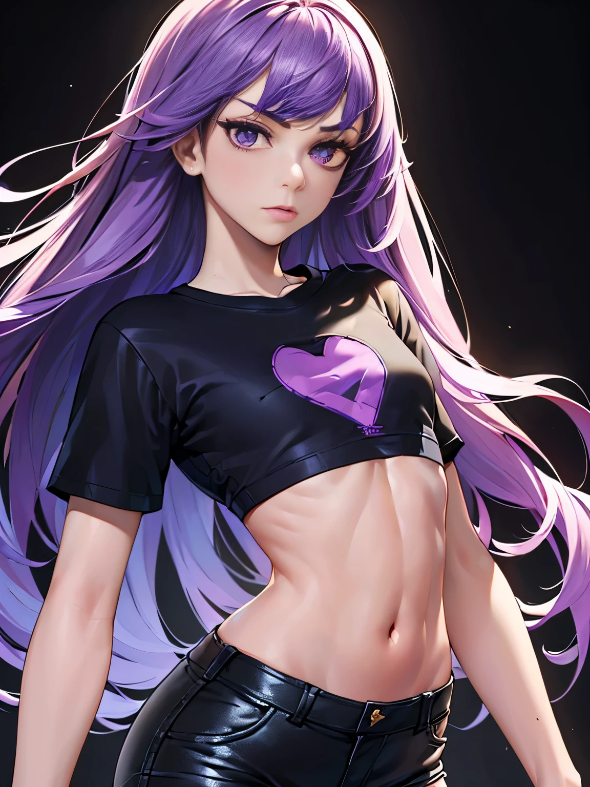 ((White background )) in style of Harry Clarke,in style of David Sims, 1girl, , long hair,(Black crop top t-shirt:1.5), (Black leather shorts) (8K, top-quality, masterpiece:1.2), (reallistic, Photorealsitic:1.37), Super Detail, One girl,) (Highly detailed), (beautifully detailed purple eyes), (of the highest quality), (masterpiece), 23yr old, 1 girl, ((Long hair with purple bangs)), Perfect Lighting,,((small breasts)) ,weak , unhealthy , (((very thin:1.4))) (Flat chest:1.4) gaunt