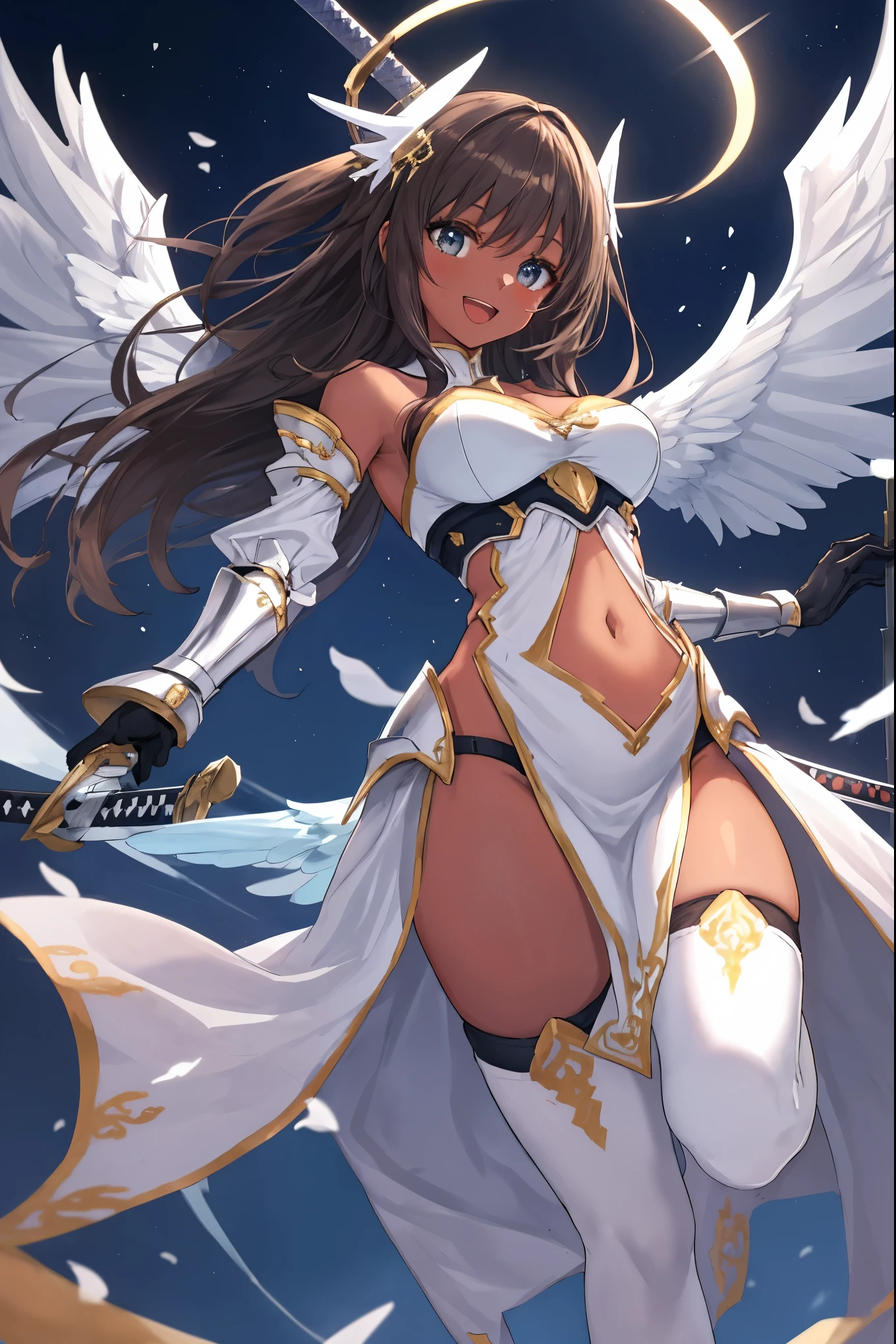 1angel_girl, , brown_hair, medium_hair, (dark_skin)+, bare_shoulder, (bare_navel)0.8, Thigh,silver_shiny_armor, white_clothes,waist_armor, hold_sword_hilt, medium_breasts, angry, shout, dynamic_pose_fighting, floating, (1pair_white_wings), sunrise_city_background,(pelvic_curtain)++, headgear ,slightly_spread_legs,multiple_shiny_swords_floating_ around_the_girl