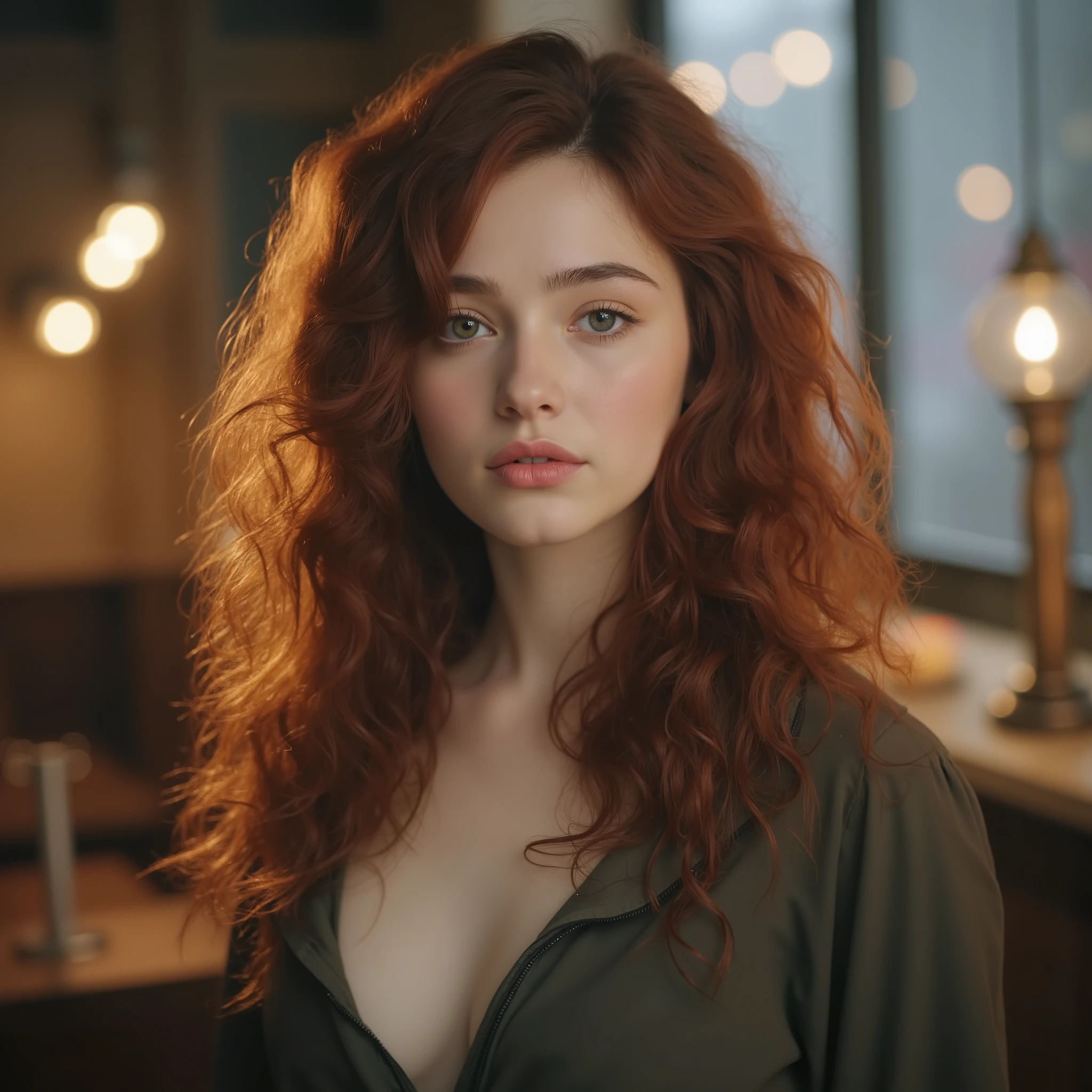 a young woman with dard red hair, wearing loose shirt, 20 years old, realistic portrait, attractive girl, european girlfriend, russian girlfriend, cute face, waivy hair, detailed facial features, beautiful eyes, anastasia cebulska, dasha taran, Angelina Danilova, high quality, photorealistic, cinematic lighting, 8k, detailed skin, intricate hairstyle, warm color tones, portrait, 90's