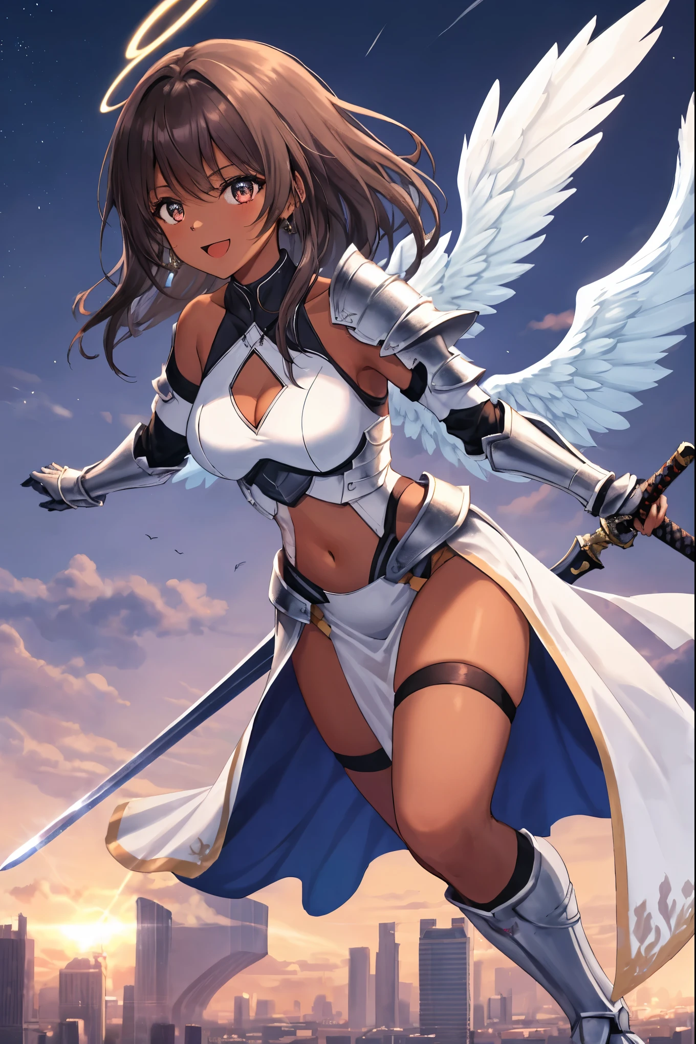 fantasy, 1angel_girl, low_teen, dark_brown_hair,long_bangs, (dark_skin)+, bare_shoulder, navel out, thighhighs,silver_shiny_armor, white_clothes,waist_armor, Glebe, hold_swords_emits_light, medium_breasts, dynamic_flying_pose,Floating, (1pair_white_wings:1.2),(pelvic_curtain:1.3), silver_Headgear ,looking_down_at_sunset_city_sky_background,,slightly_spread_legs, some_swords_emits_light,some_swords_emits_light_floating_around_the_girl,solo,glare_halo,angry,shout,open_mouth,open_legs,open_arms,rise_knee,rise_leg,rise_thigh,rise_leg,forward_leaning_posture,apart_legs,