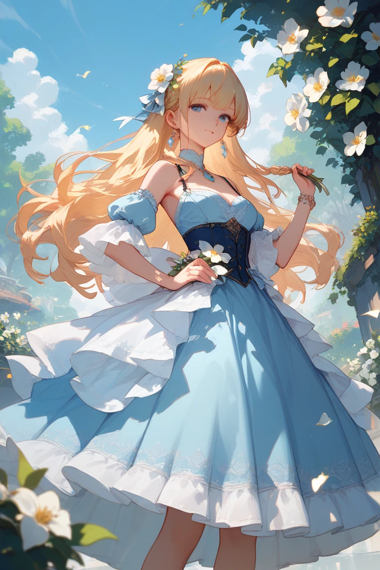 Long haired black anime girl standing on white flower steppe wearing light blue dress with flower handle