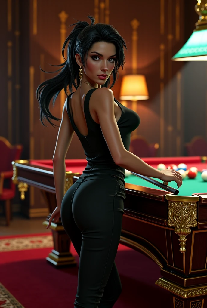 A beautiful young female dealer is standing in a casino, leaning her elbows on the table and looking back, Notice her beautifully defined buttocks, her beautifully defined hamstrings and her groin, She has flowing chestnut hair, a beautifully defined face, beautifully defined eyes, a beautifully defined mouth, a smile and is wearing a dealer outfit, High quality, photorealistic, 8k, sharp focus, physically based rendering, vibrant colors,