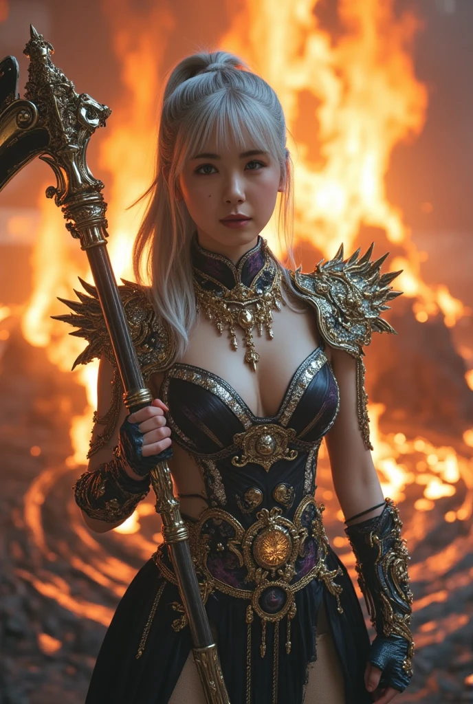 Professional , masterpiece、top-quality、photos realistic , depth of fields 、(Dragon Black Metal Body:1.9),(Mattretto、(cleavage of the breast)、Dragon Gold Weapon、(Micro Bikini Armor:1.4),Gorgeous gold weapons ,(( Dragon's dense and gorgeous sword)) , (demonic wings)、((a blond))、(Castle background)、((Gangle's forest background))、Beautiful Caucasian beauty、1a person、dynamic ungle,(((Detailed and ornate dragon helmet)))、Smaller head、A smile、Castle background、Thin and beautiful female hands、cleavage of the breast、Soldier in iron armor on background、Mystical expression、Light Effects、intense fighting、Wind-effect、magic circles、With the legendary magic wand、Dragon's tail、explosions、