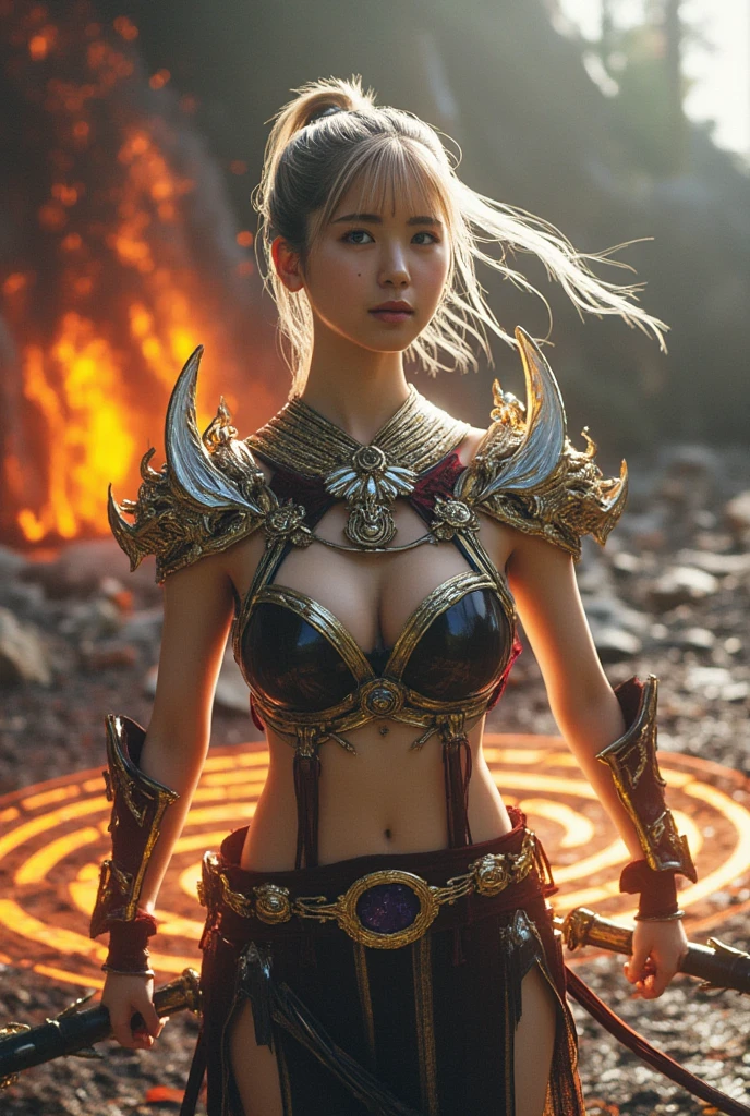 Professional , masterpiece、top-quality、photos realistic , depth of fields 、(White bikini armor)、(Particles of light)、Jewel Gold Weapon、Particles of light),Gorgeous gold weapons ,(( Gorgeous Dragon Sword)) , (Hold the Devil's Hand),,(maikurobikini) 、((White hair))、(Castle background)、(demonic wings)、((Gangle's forest background))、Beautiful Caucasian beauty、1a person、dynamic ungle,(((Two devil's horns on the head)))、Smaller head、Idle Smile、Thin and beautiful female hands、Mystical expression、Light Effects、intense fighting、Wind-effect、magic circles、With the legendary magic wand、Dragon's tail、
