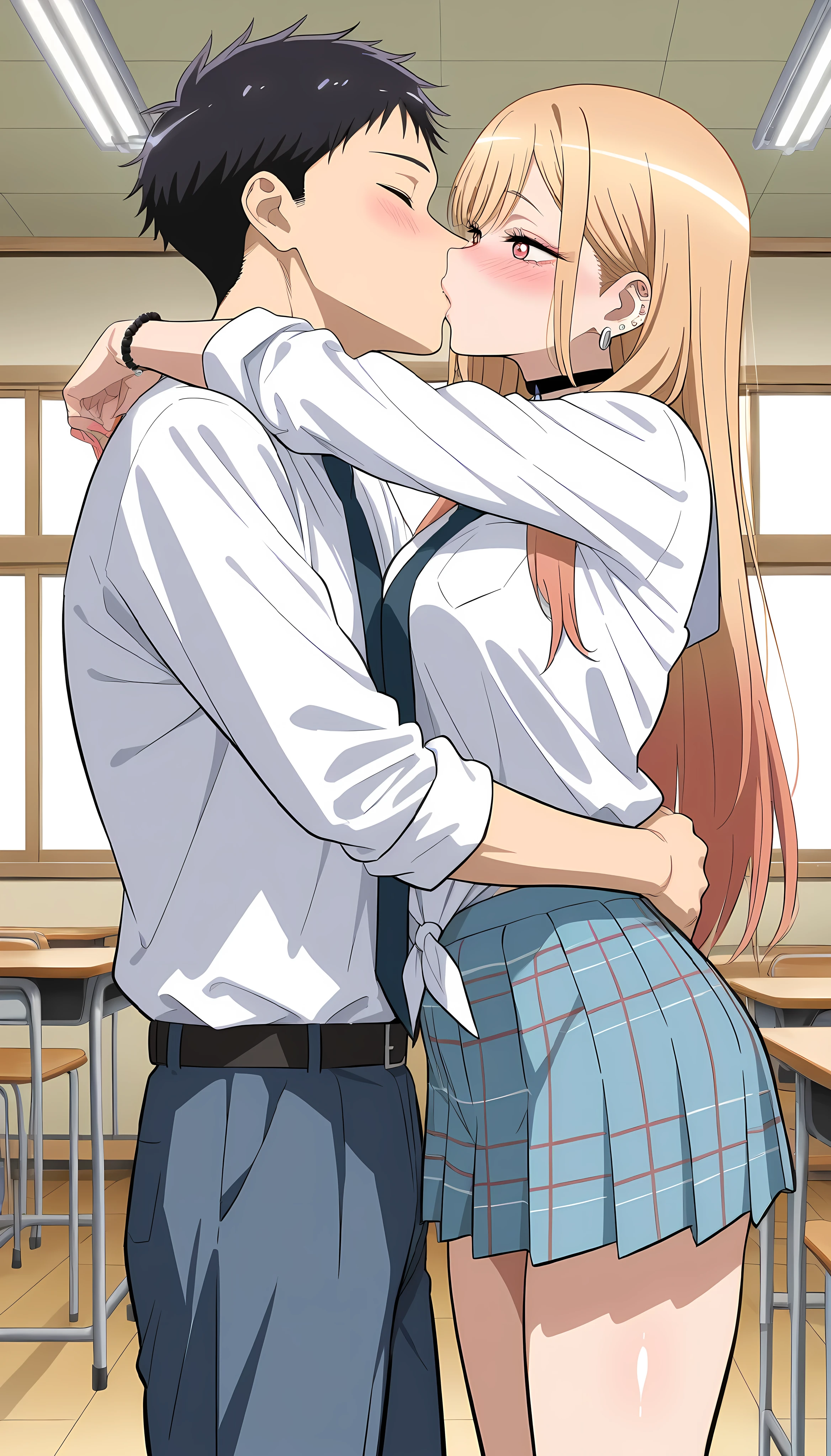 (masterpiece,best quality:1.2,amazing quality,very aesthetic,absurdres,newest, realistic ),short hair,(Gojo Wakana,Kitagawa Marin, I'm a bisque doll wa koi wo suru),1man and 1woman,hug,kissing,(adult:1.2),(very small head:1.2),(ideal ratio body proportions:1.2,slender body:1.2,skinny :1.2),long hair,medium breasts,shy,school uniform,pleated skirt,classroom、