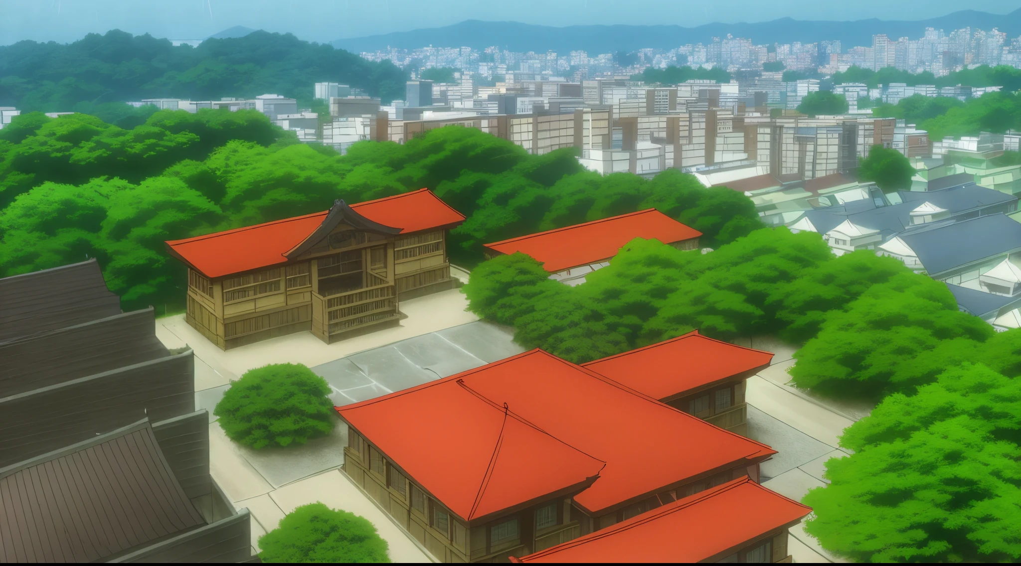 (Rainy sky) (Raindrops falling) (Daytime)
(80’s Anime) (classic) (Vintage) (retro)
1980’s Tokyo Jujutsu High is a broad campus of several buildings build in a traditional Japanese architectural style, operating under the guise of a Buddhist temple.
The school building is well hidden on Tokyo's outskirts, far and high in the mountains. Naturally, there is a garden where there are a lot of Higanbana other wise known as (Red Spider Lily Flowers) around the property to further obscure the location.
Some elements other than the buildings that reflect Buddhist theme. There are several statues of deities, shrines, and torii gates around the campus.
(View from above the campus)