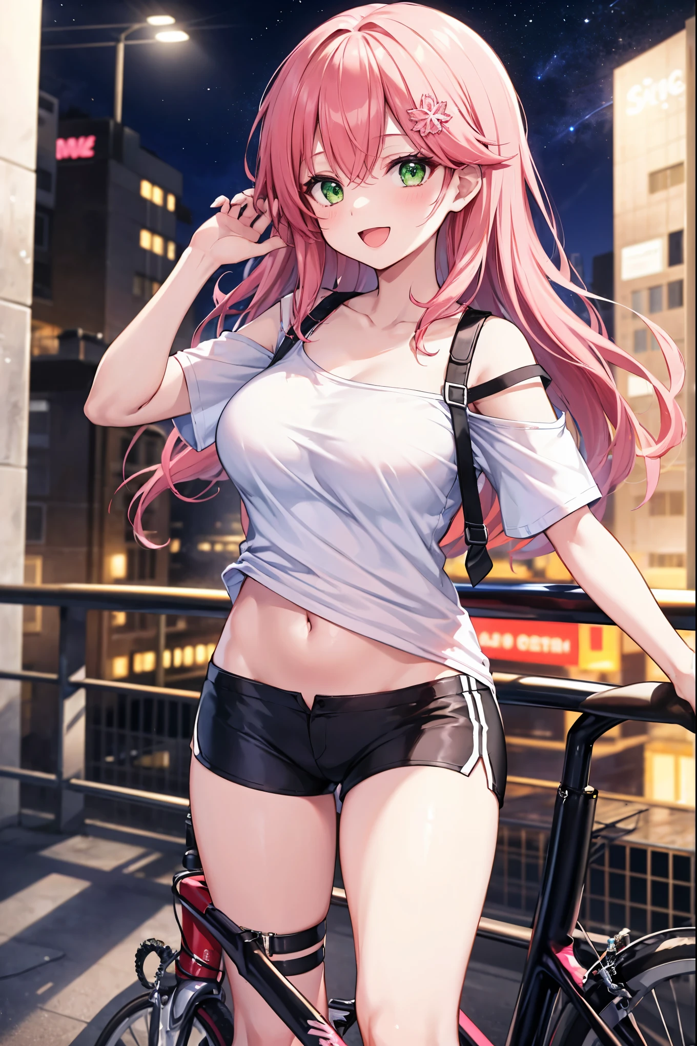 1girl, pink hair, twintail, wearing Sport Bra, denim shorts, very sweaty, city, absurdres, high res, ultrasharp, 8K, masterpiece, very details, looking at viewer, hands behind back
