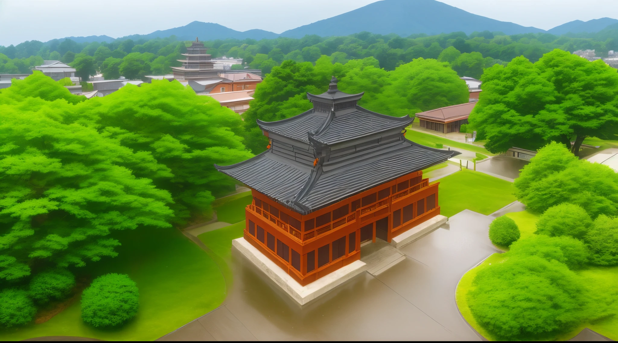 (Rainy sky) (Raindrops falling) (Daytime)
(80’s Anime) (classic) (Vintage) (retro)
1980’s Tokyo Jujutsu High is a broad campus of several buildings build in a traditional Japanese architectural style, operating under the guise of a Buddhist temple.
The school building is well hidden on Tokyo's outskirts, far and high in the mountains. Naturally, there is a garden where there are a lot of Higanbana other wise known as (Red Spider Lily Flowers) around the property to further obscure the location.
Some elements other than the buildings that reflect Buddhist theme. There are several statues of deities, shrines, and torii gates around the campus.
(View from above the campus)