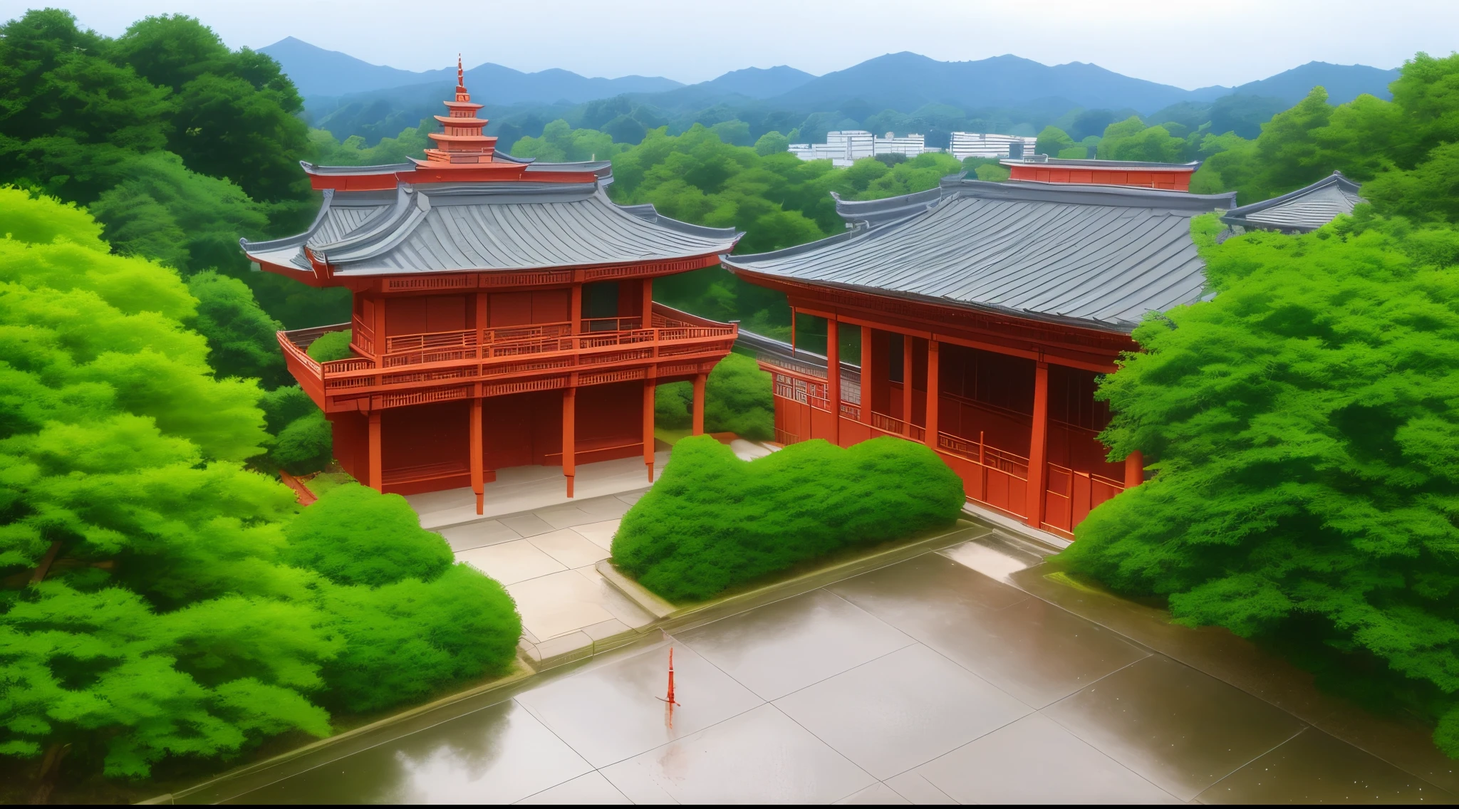 (Rainy sky) (Raindrops falling) (Daytime)
(80’s Anime) (classic) (Vintage) (retro)
1980’s Tokyo Jujutsu High is a broad campus of several buildings build in a traditional Japanese architectural style, operating under the guise of a Buddhist temple.
The school building is well hidden on Tokyo's outskirts, far and high in the mountains. Naturally, there is a garden where there are a lot of Higanbana other wise known as (Red Spider Lily Flowers) around the property to further obscure the location.
Some elements other than the buildings that reflect Buddhist theme. There are several statues of deities, shrines, and torii gates around the campus.
(View from above the campus)