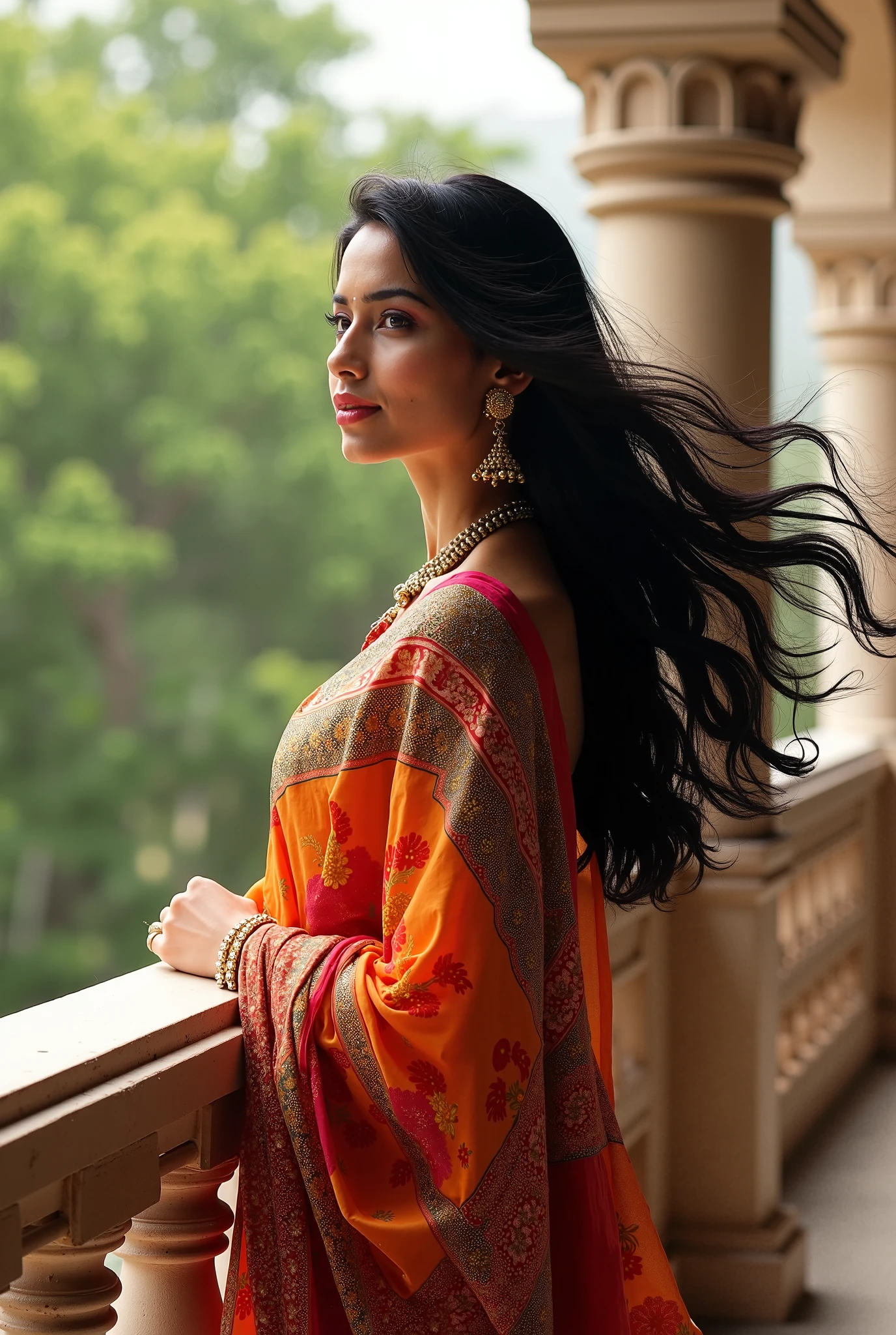 a woman wearing sharee, leaning slightly on the railing of the open balcony and looking outside, open black hair, hair flowing with air, side view, some green small trees