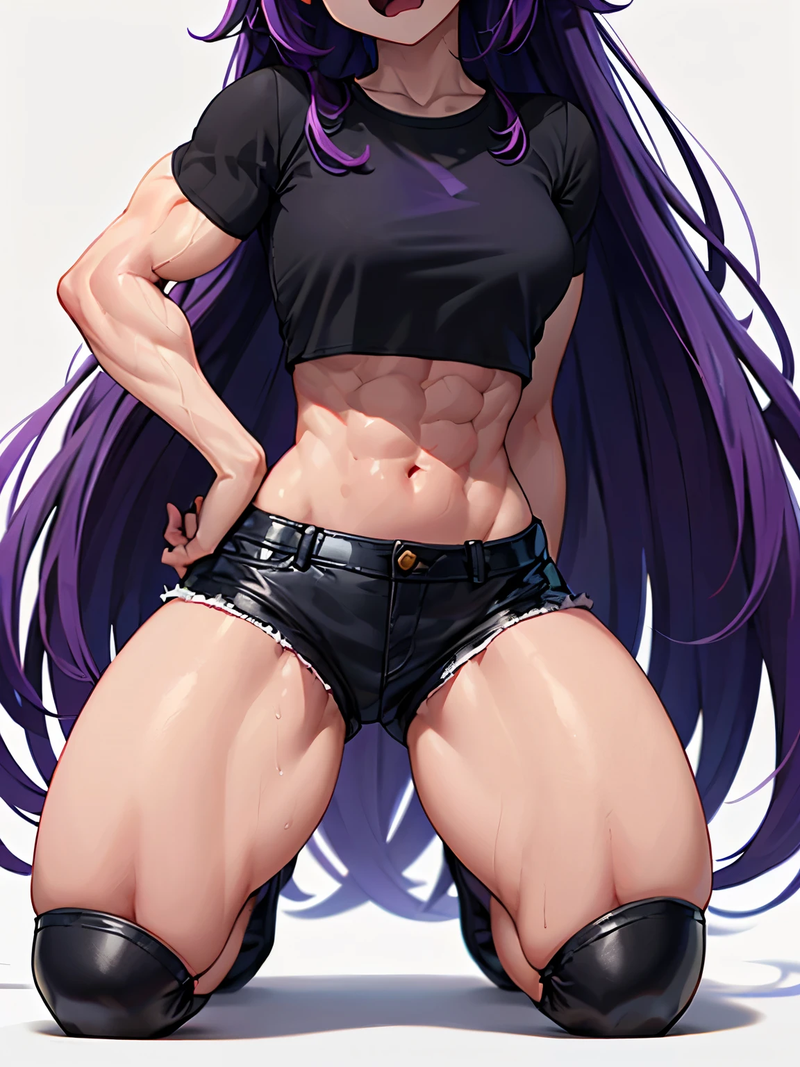 ((White background )) in style of Harry Clarke,in style of David Sims, 1girl, , long hair,(Black crop top t-shirt:1.5), (Black leather shorts) (8K, top-quality, masterpiece:1.2), (reallistic, Photorealsitic:1.37), Super Detail, One girl,) (Highly detailed), (beautifully small purple eyes), (of the highest quality), (masterpiece),23yr old, 1 girl, ((Long hair with purple bangs)), Perfect Lighting, (UnderBoob:0.3) ((small breasts:0.2)) , (((very thin:1.4))) , strong , (muscle) , (Kneeling on the ground, screaming in pain)