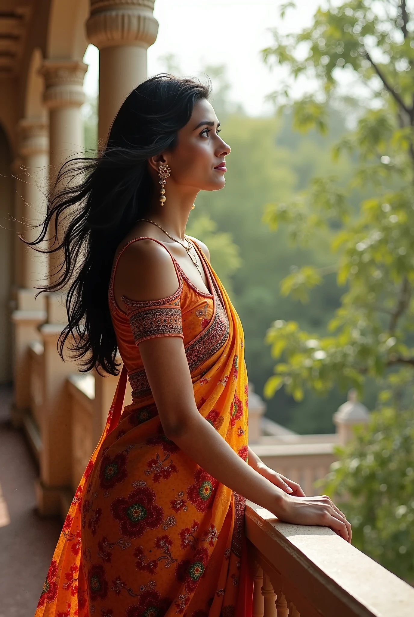 a woman wearing sharee, leaning slightly on the railing of the open balcony and looking outside, open black hair, hair flowing with air, side view, some green small trees