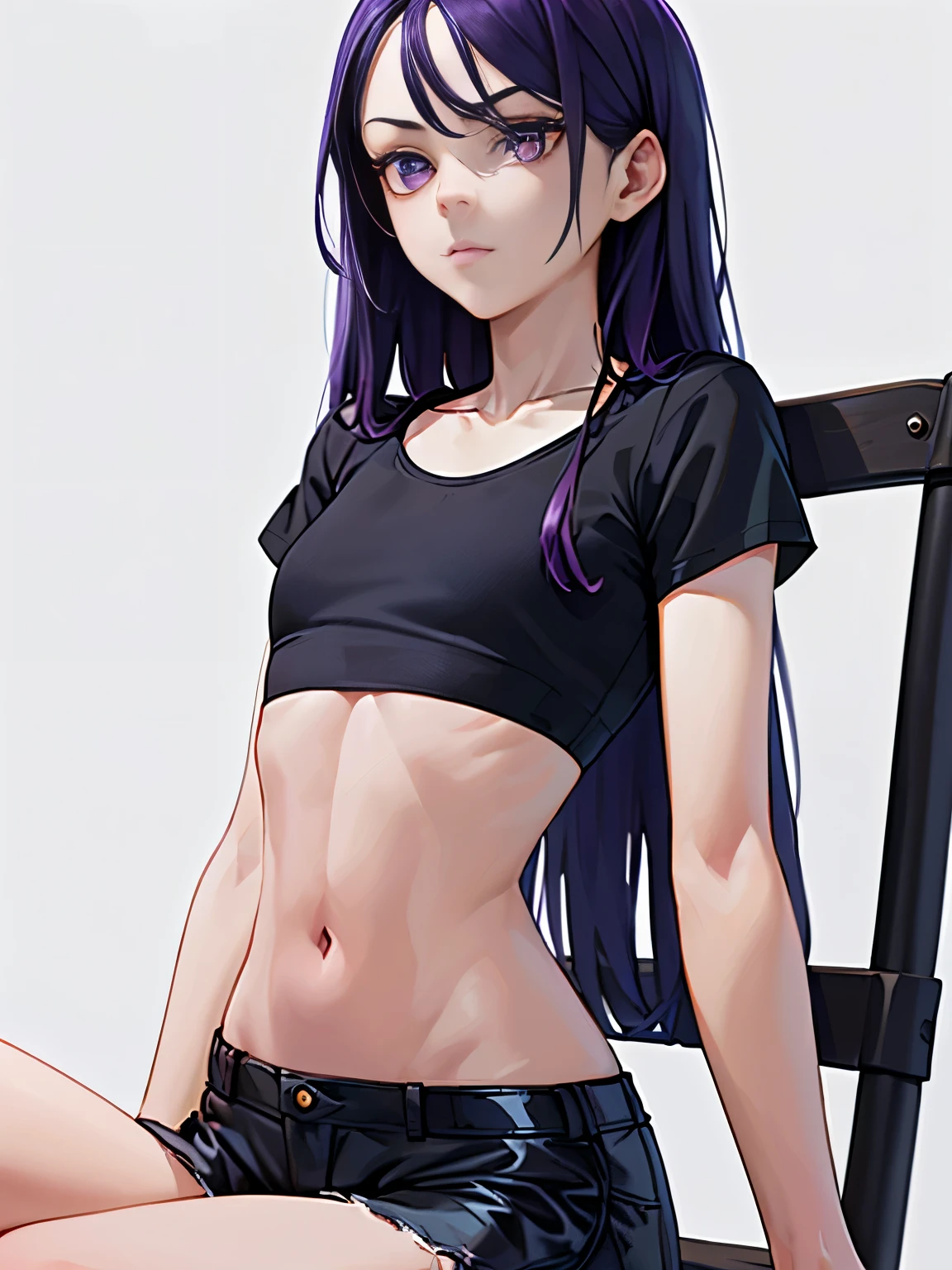 ((White background )) in style of Harry Clarke,in style of David Sims, 1girl, , long hair,(Black crop top t-shirt:1.5), (Black leather shorts) (8K, top-quality, masterpiece:1.2), (reallistic, Photorealsitic:1.37), Super Detail, One girl,) (Highly detailed), (beautifully small purple eyes), (of the highest quality), (masterpiece), 23yr old, 1 girl, ((Long hair with purple bangs)), Perfect Lighting,,((small breasts)) ,weak , unhealthy , (((very thin:1.4))) (Flat chest:1.4) gaunt ((Sitting in a lonely camping chair))