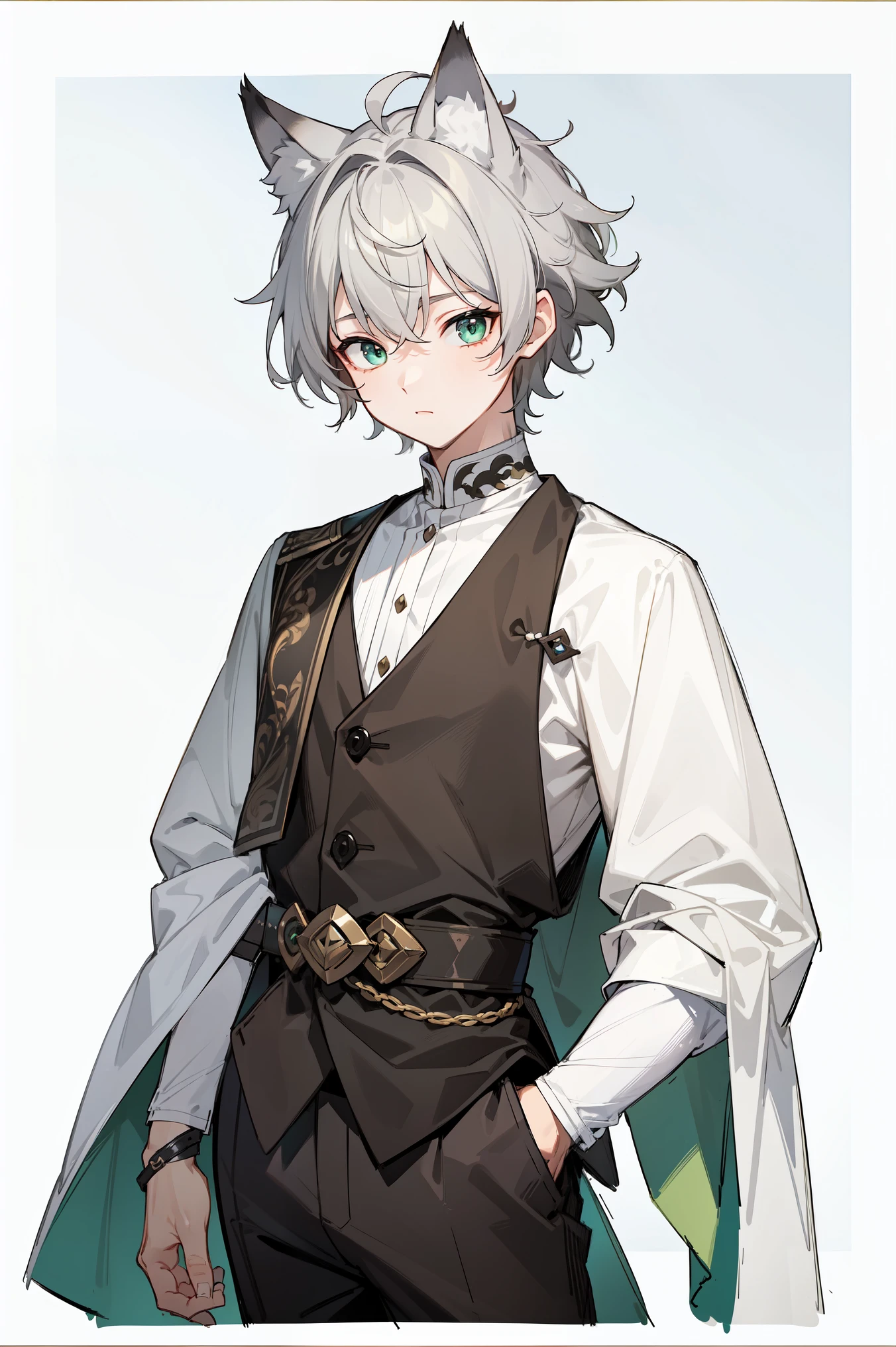 ((masterpiece, best quality )), character card, 1. Juvenile, green eyes , gray hair, short detail hair , Messy Hair , Gray theme , full of details , depth, Many accessories , fox boy